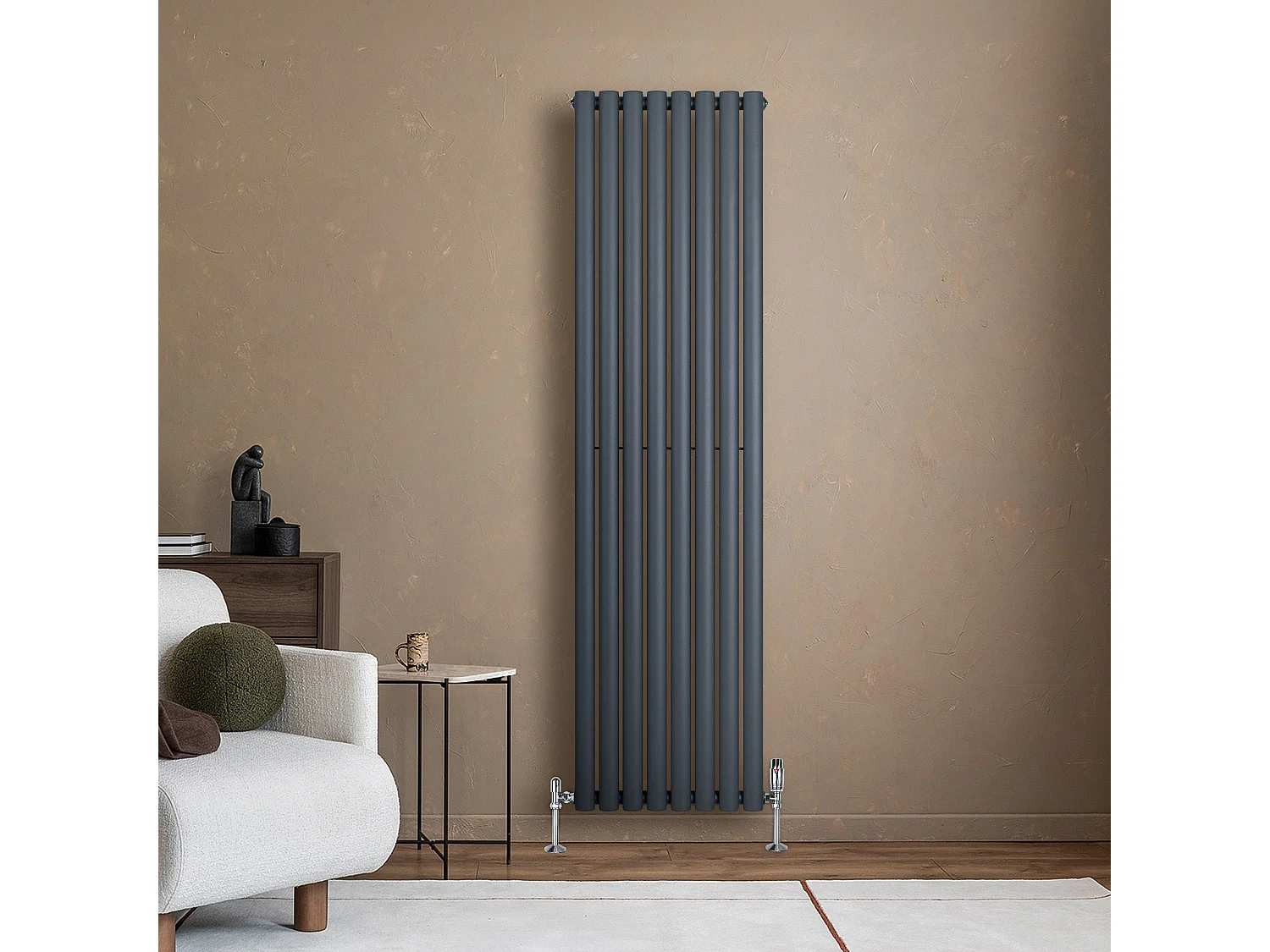 Verticale design radiator ovaal 1 kolom - grijs 1800x480 mm thermostaatkraan