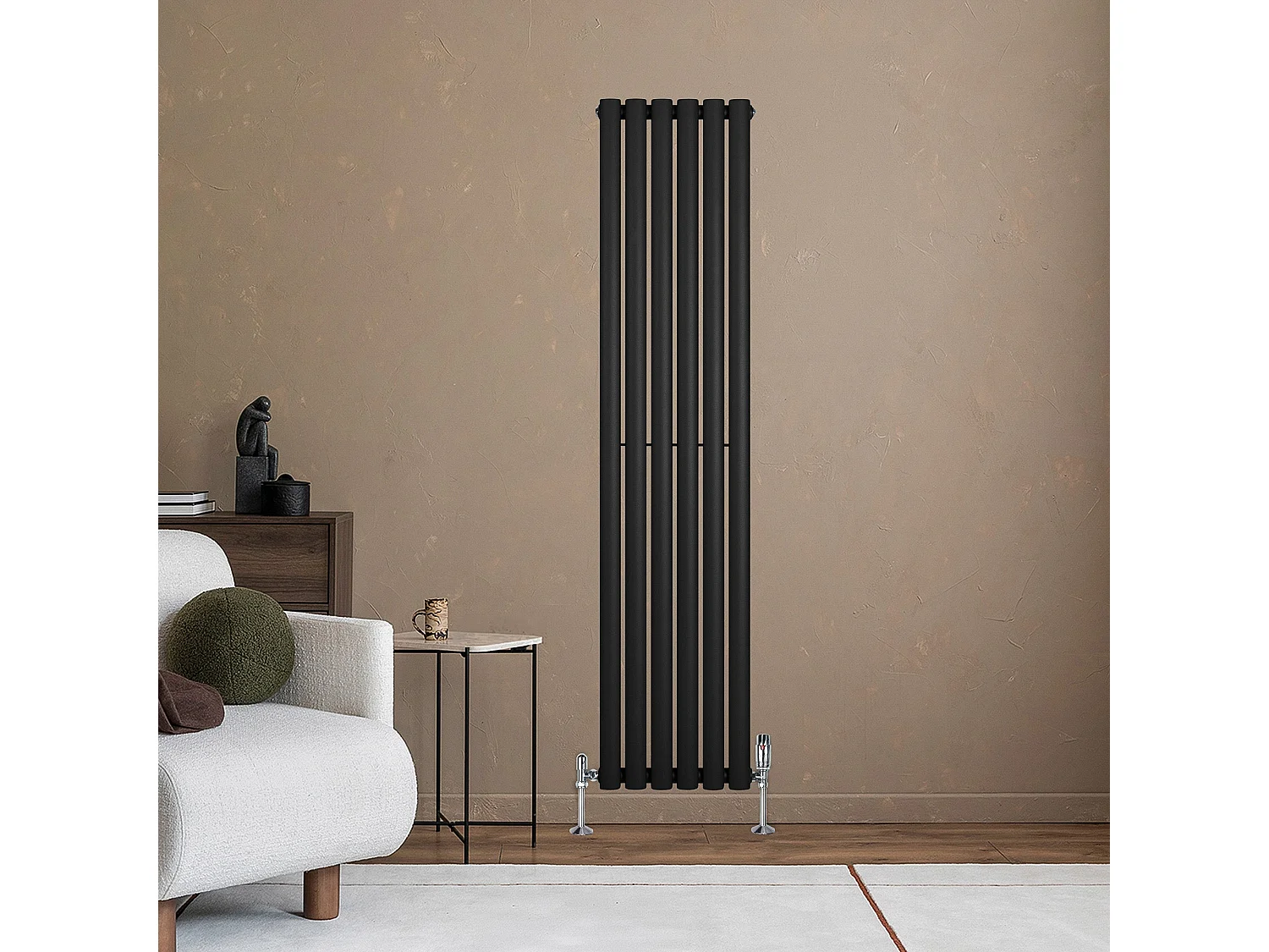 Verticale design radiator ovaal 1 kolom - zwart 1600x360 mm thermostaatkraan