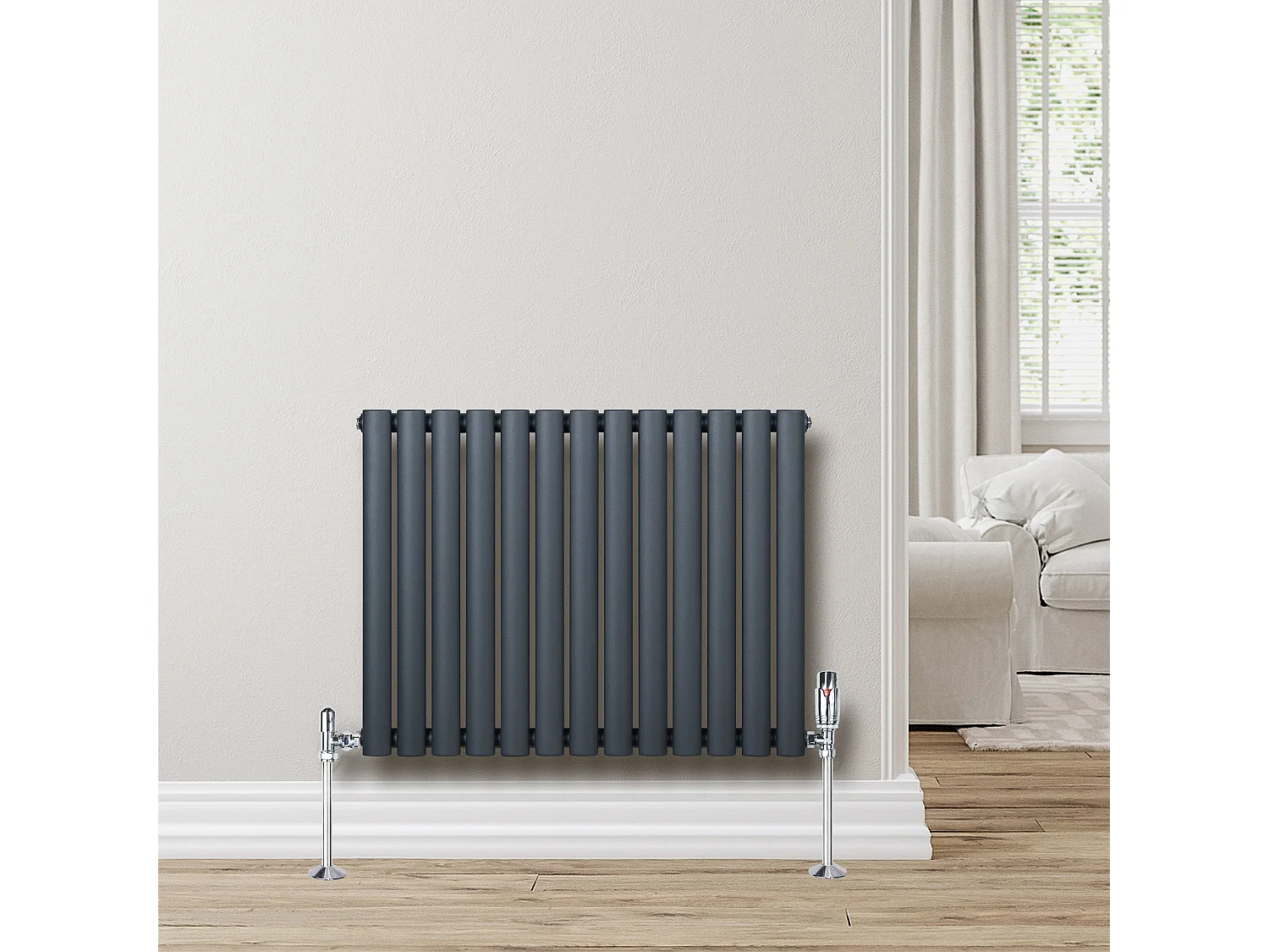 Horizontale design radiator ovaal 1 kolom - grijs 600x780 mm thermostaatkraan