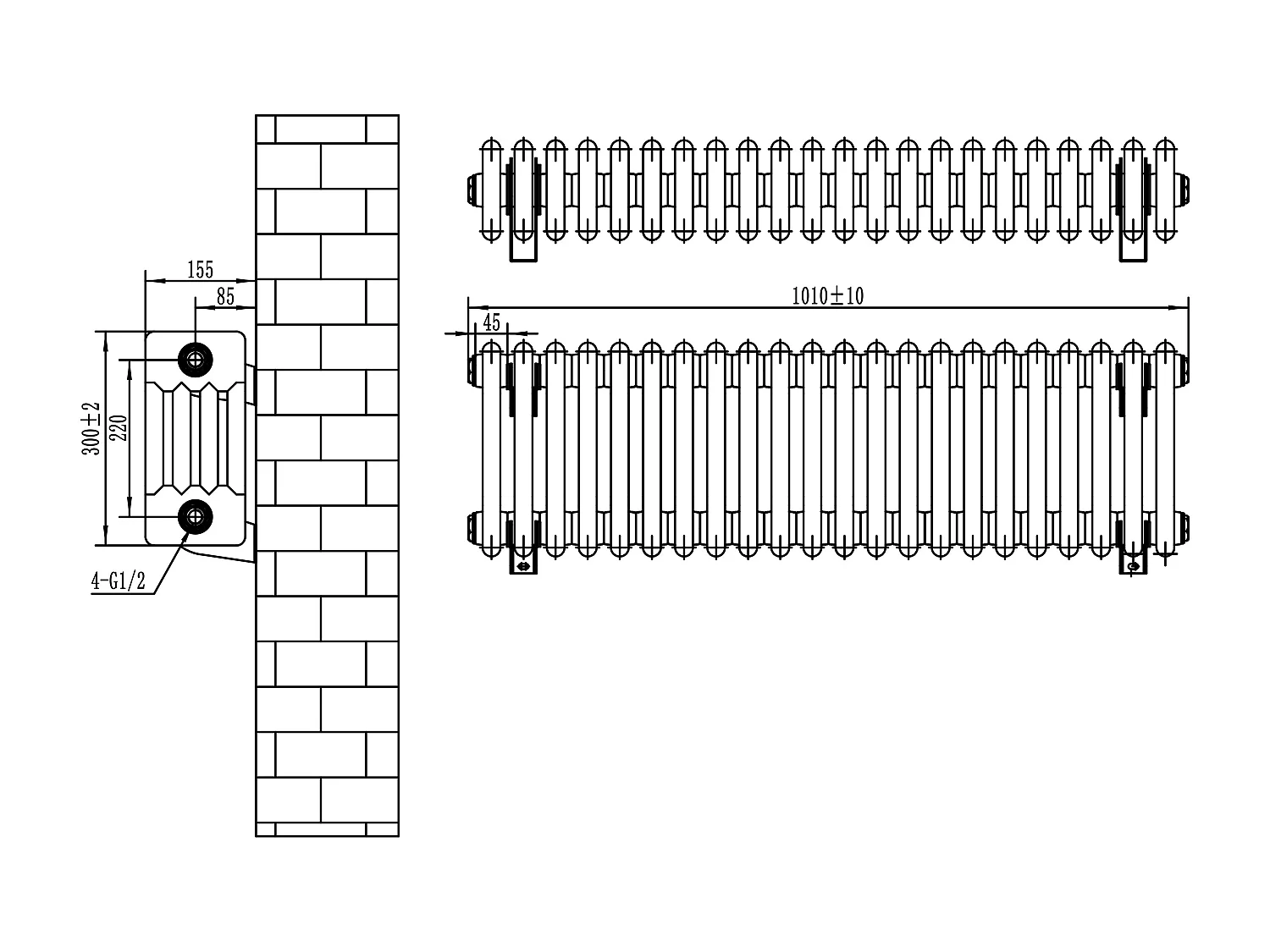 Radiatore Tradizionale 4 Colonne Orizzontale Nero 300 x 1010 mm