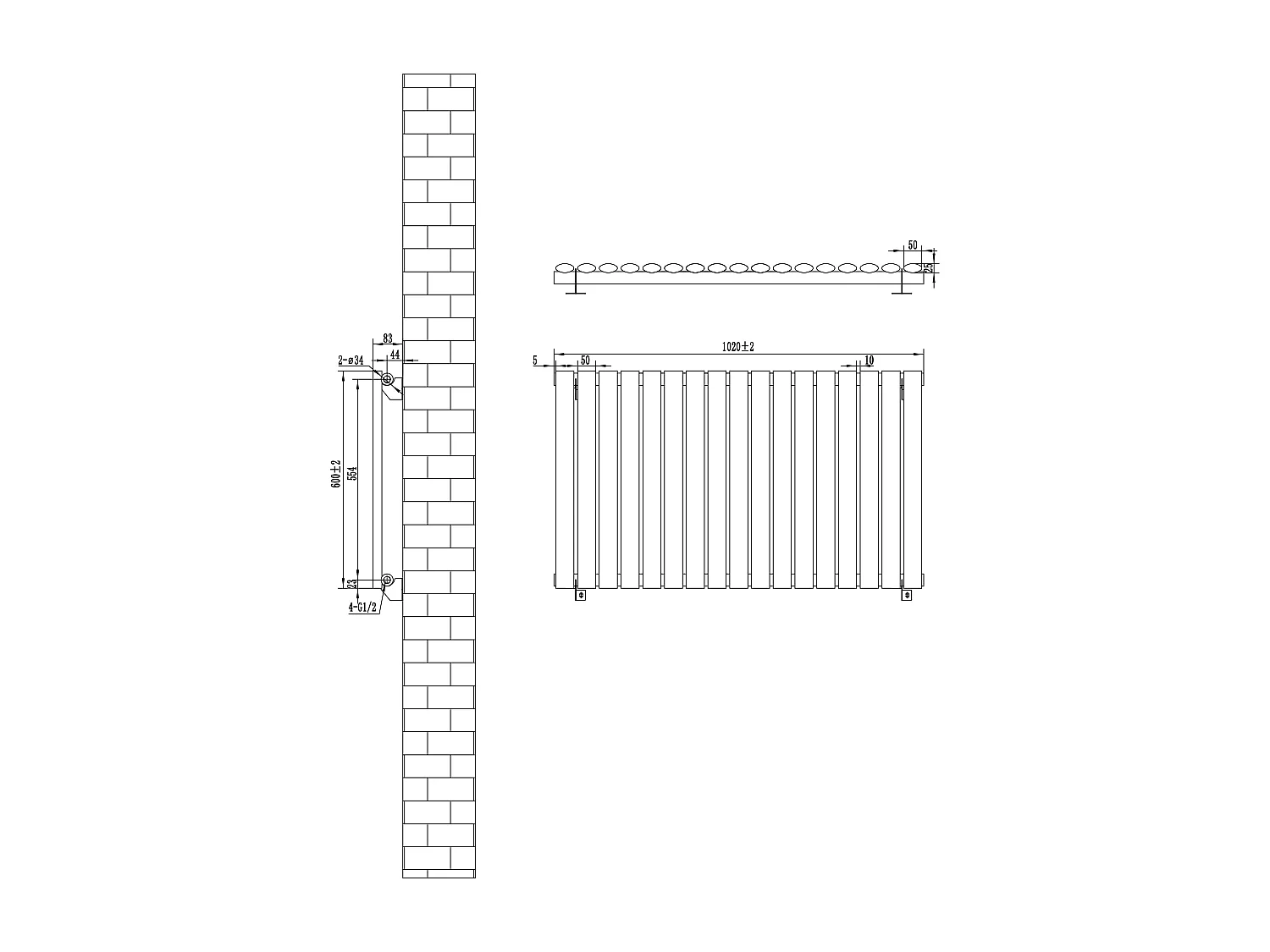 Horizontaal design radiator ovaal - 1 kolom - antraciet grijs - 600 x 1020 mm