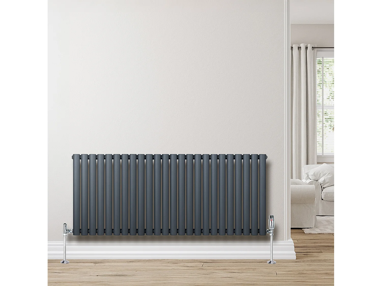 Horizontale design radiator ovaal 1 kolom - grijs 600x1400 mm thermostaatkraan