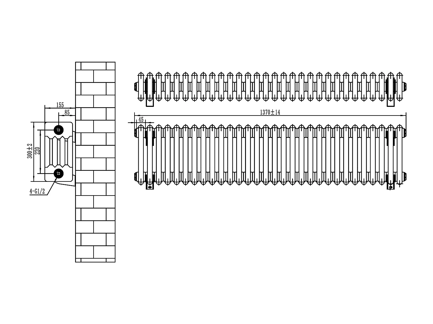Radiatore Tradizionale 4 Colonne Orizzontale Bianco 300 x 1370 mm
