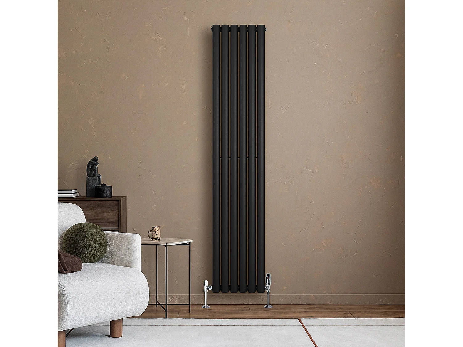 Verticale design radiator ovaal 1 kolom - zwart 1800x360 mm thermostaatkraan