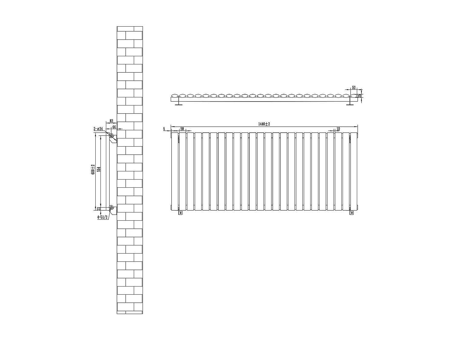 Horizontaal design radiator ovaal - 1 kolom - zwart - 600 x 1440 mm
