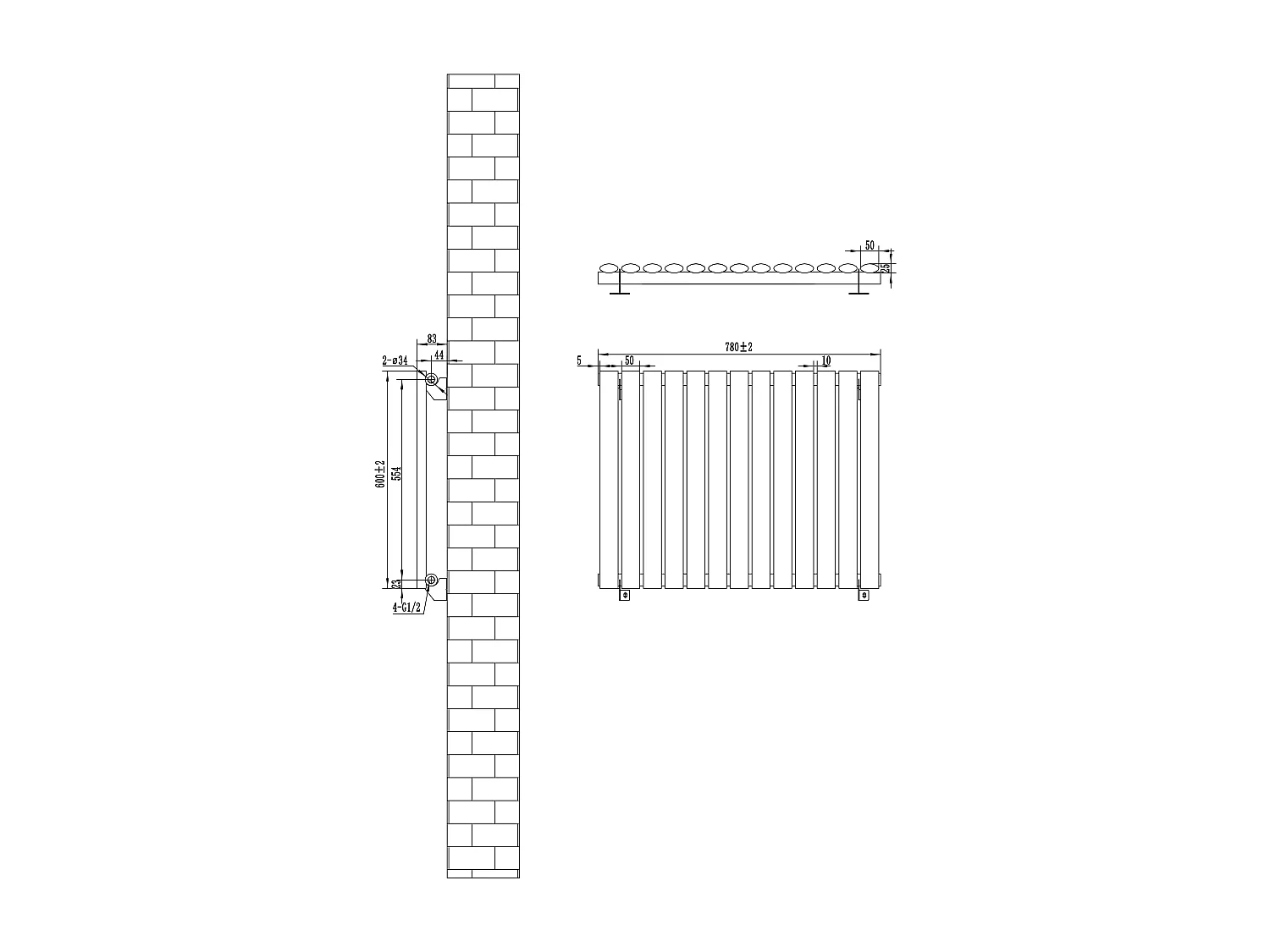 Horizontaal design radiator ovaal - 1 kolom - antraciet grijs - 600 x 780 mm