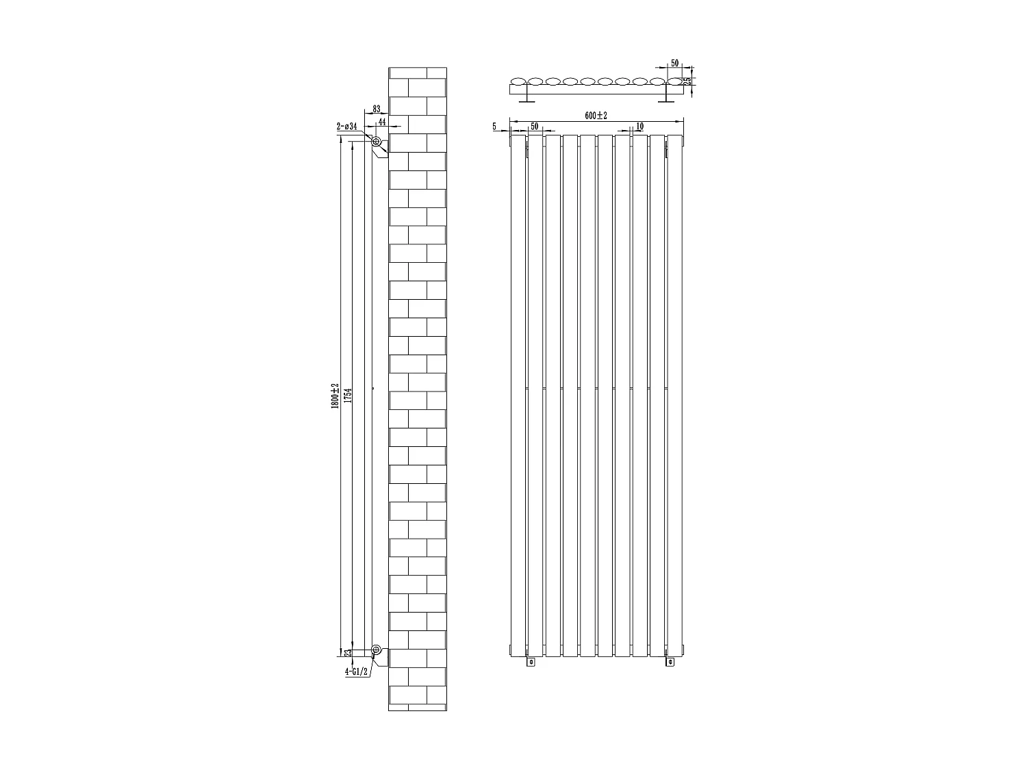 Verticale design radiator ovaal 1 kolom - grijs 1800x600 mm thermostaatkraan