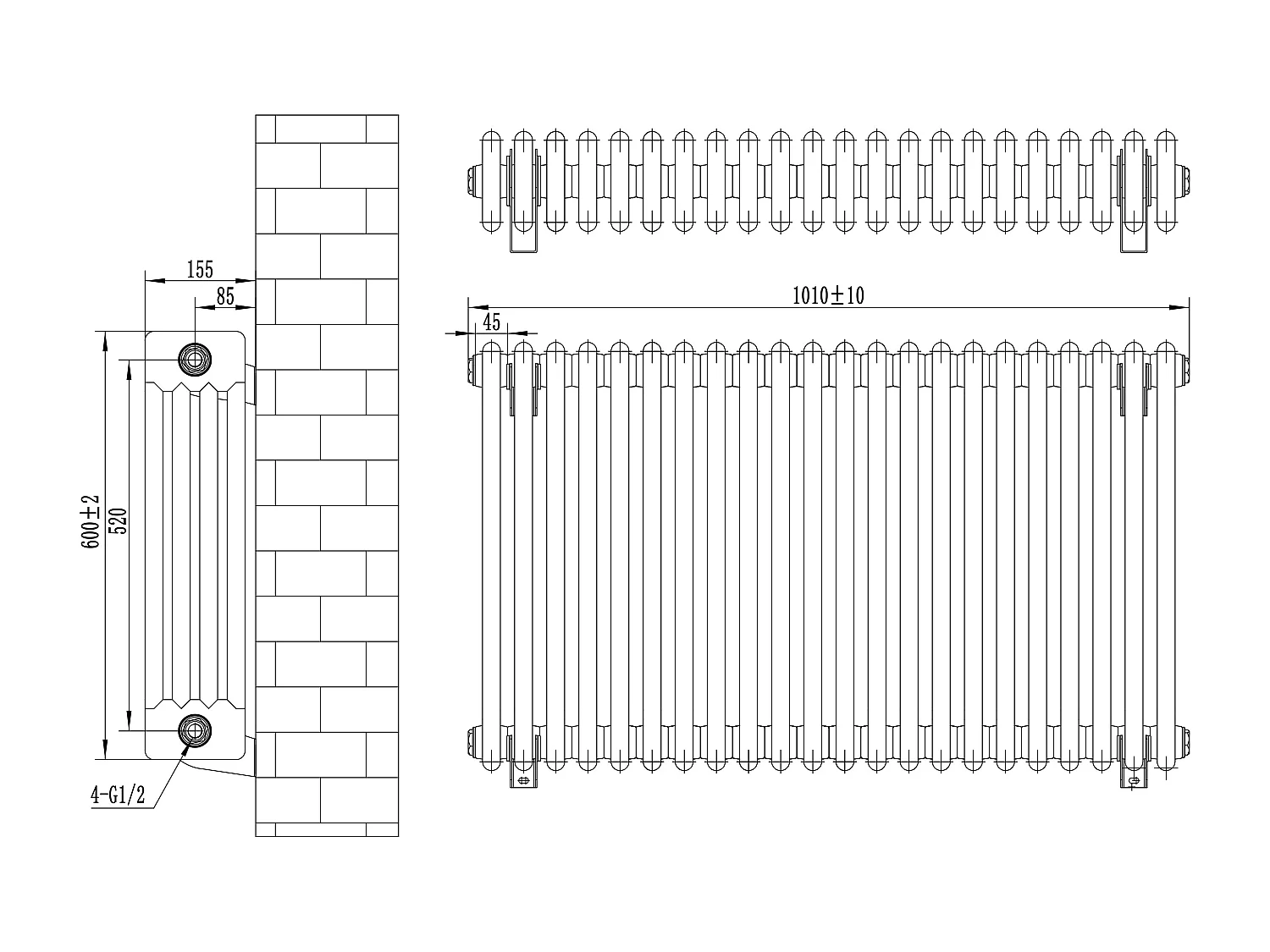 Radiador Tradicional Horizontal 4 Columnas - Negro | 600mm x 1010mm | Acero Premium 1280 W | Soportes, Kit, Cepillo | Garantía 15 Años | Calefacción