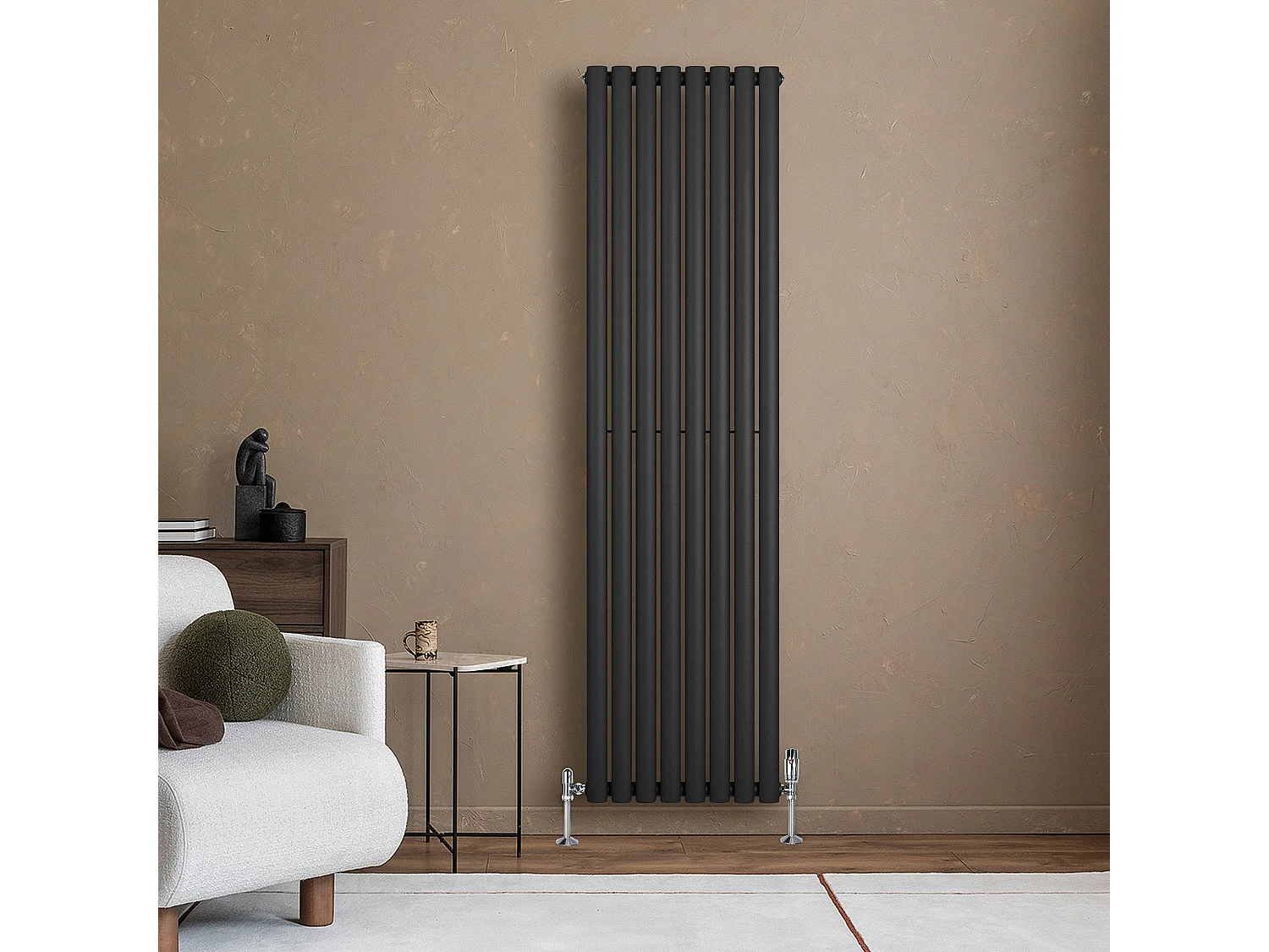 Verticale design radiator ovaal 1 kolom - zwart 1800x480 mm thermostaatkraan