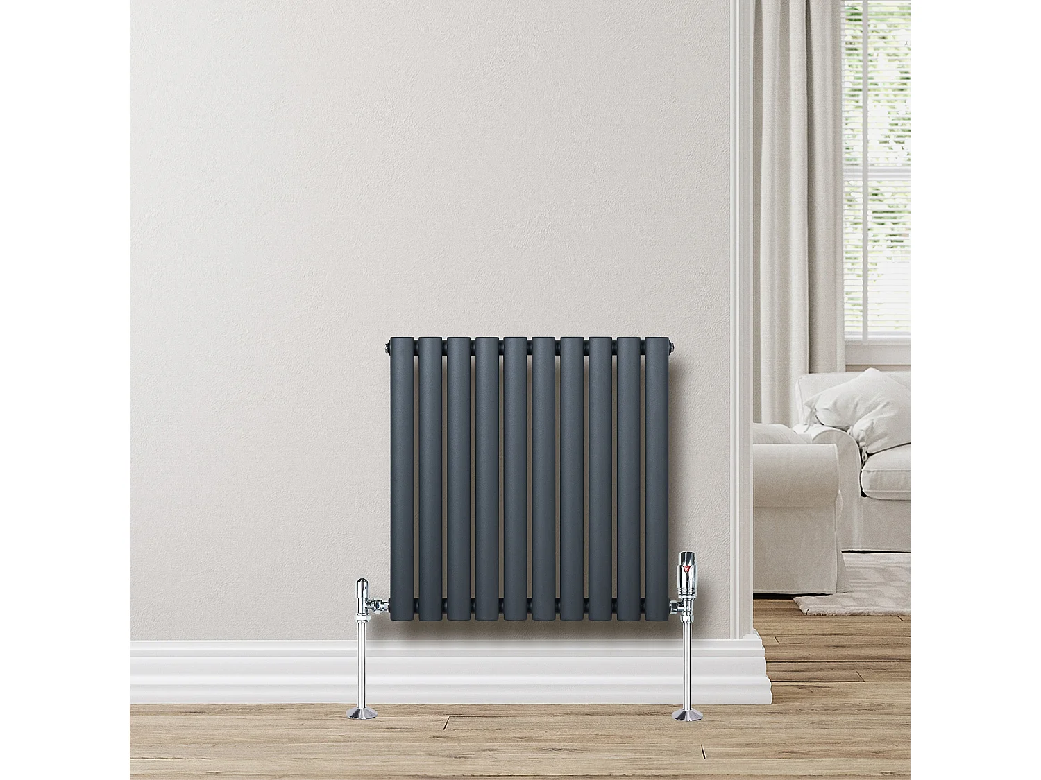 Horizontale design radiator ovaal 1 kolom - grijs 600x600 mm thermostaatkraan