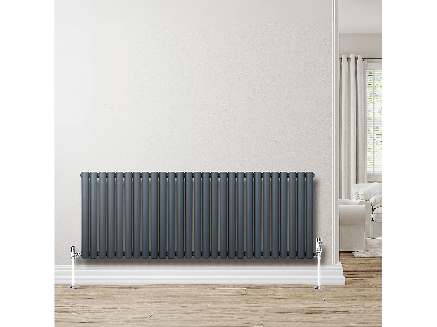 Horizontale design radiator ovaal 1 kolom - grijs 600x1620 mm thermostaatkraan