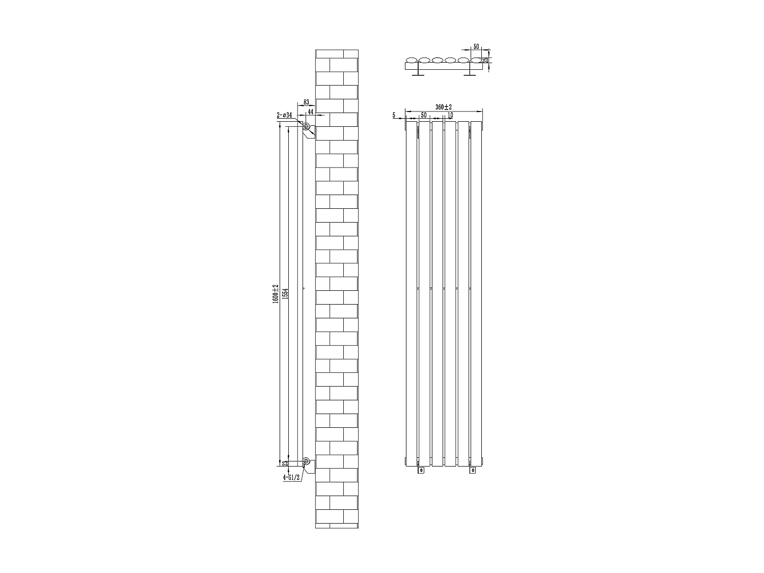 Verticaal design radiator ovaal - 1 kolom - antraciet grijs - 1600 x 360 mm