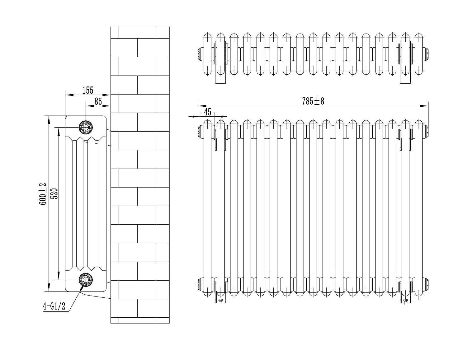 Radiador Horizontal 4 Colunas 600x785 mm - Cinza Antracite, Aço Carbono 1.5 mm, 756 W, Alta Eficiência, Fácil Instalação, Durável e Design Clássico