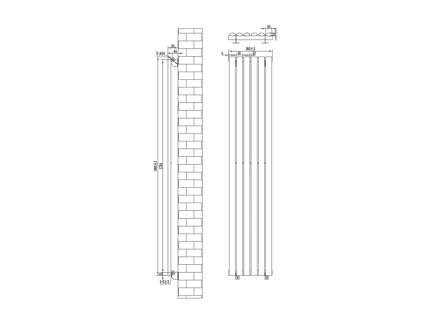 Verticale design radiator ovaal 1 kolom - wit 1800x360 mm thermostaatkraan