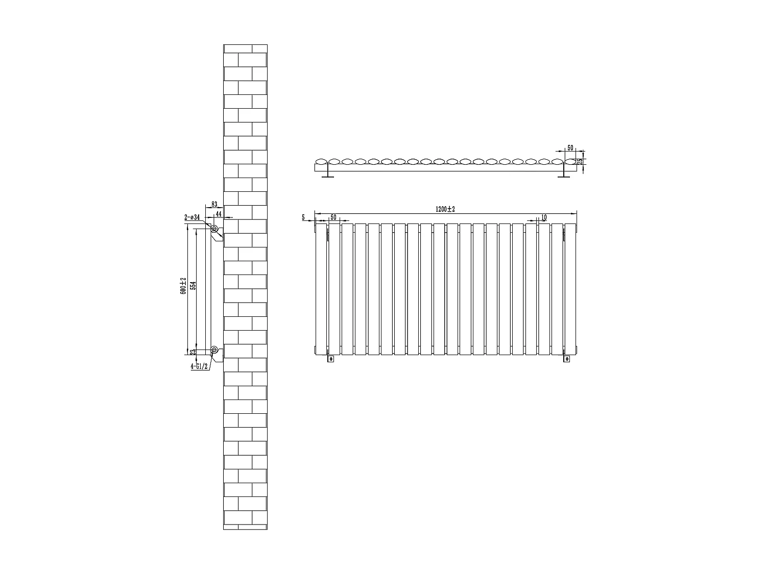 Horizontale design radiator ovaal 1 kolom - wit 600x1200 mm thermostaatkraan