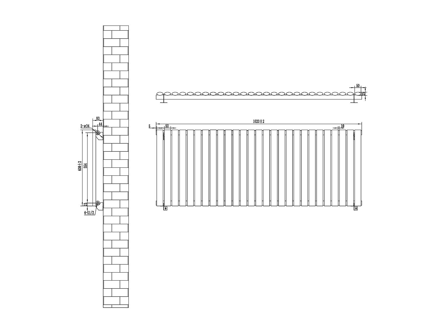 Horizontaal design radiator ovaal - 1 kolom - wit - 600 x 1620 mm