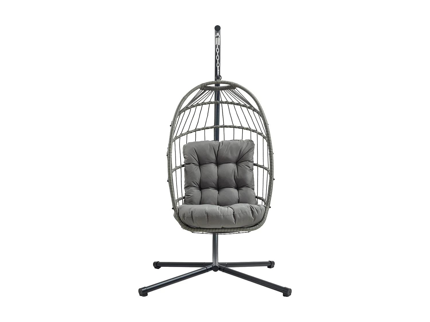 Silla Colgante Tipo Huevo Ratán Gris con Soporte + Cojín Extra Grueso 15cm