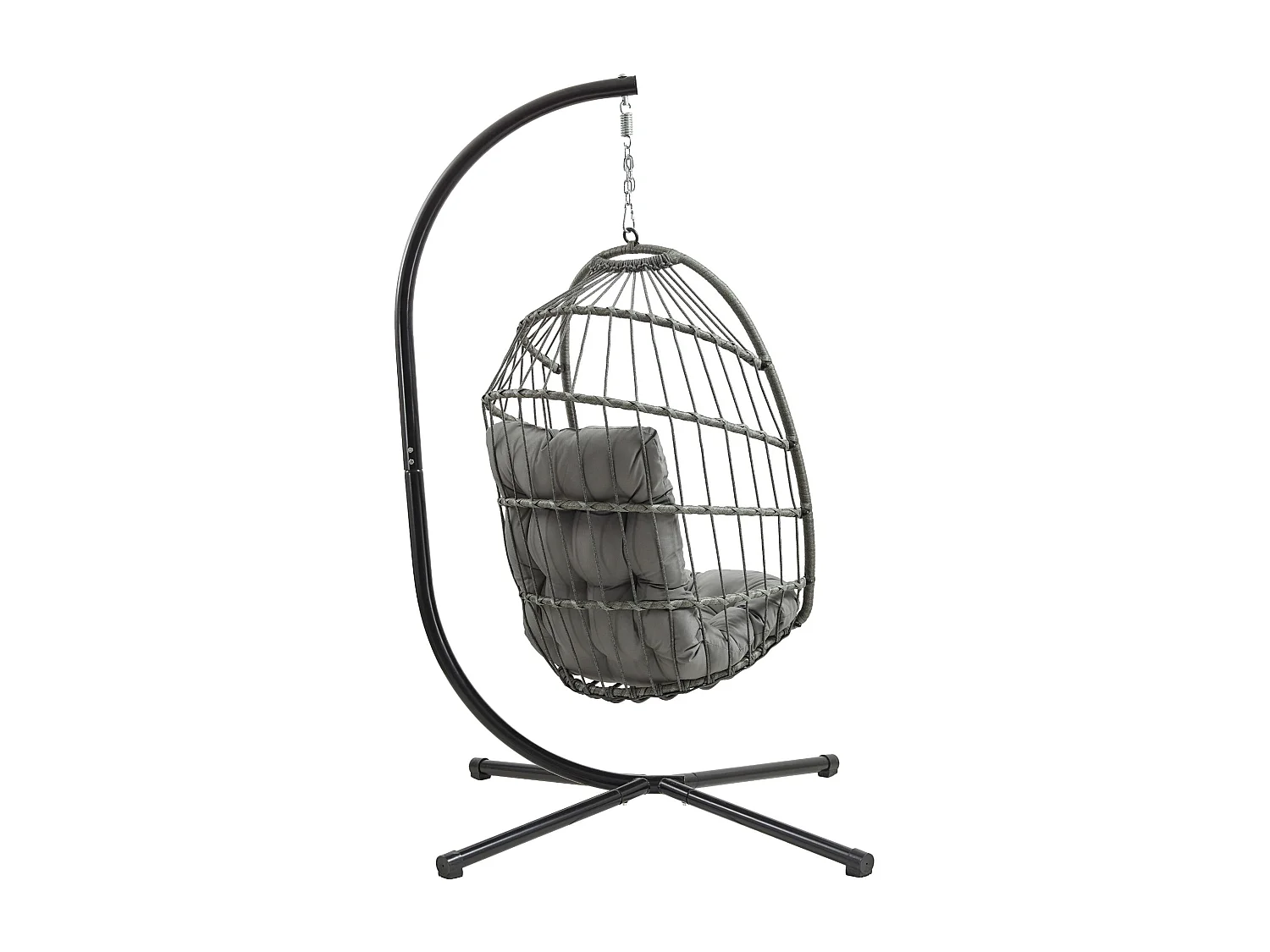 Silla Colgante Tipo Huevo Ratán Gris con Soporte + Cojín Extra Grueso 15cm