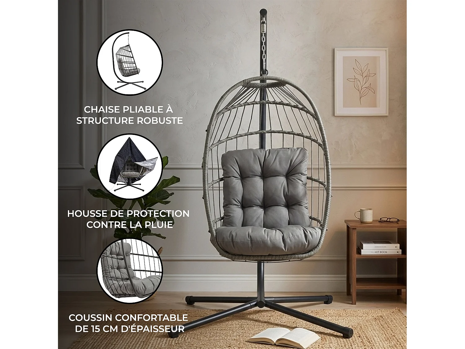 Fauteuil Œuf Suspendu en Rotin Gris Pliante Extérieur Intérieur Housse INCLUS