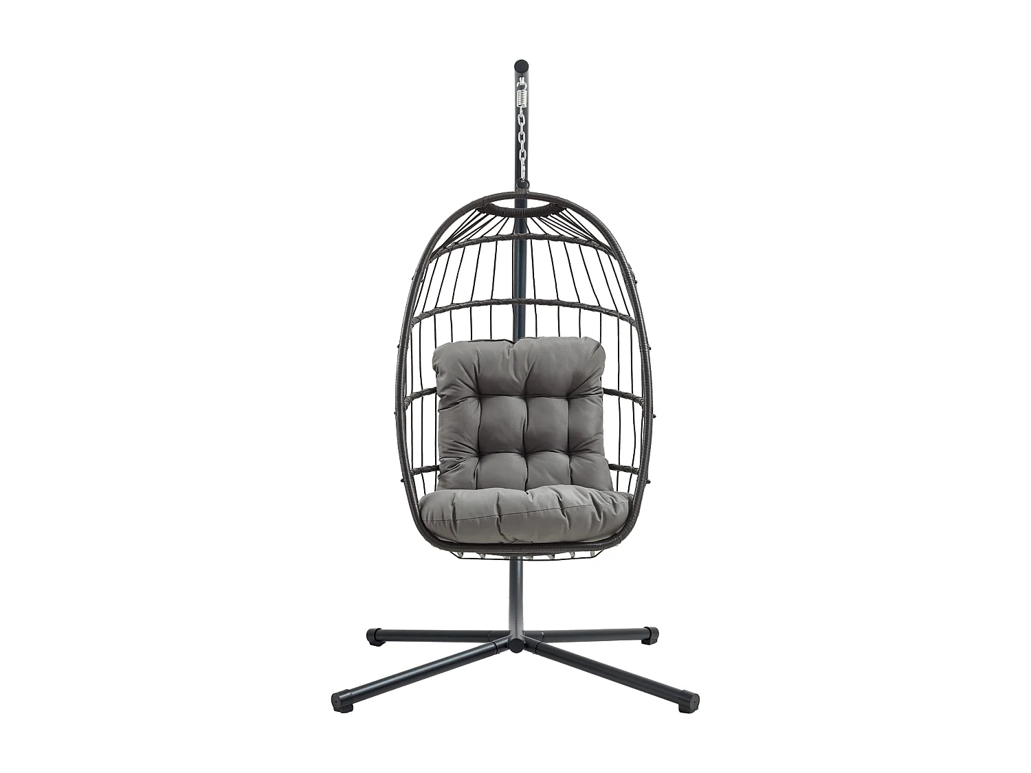 Silla Colgante Tipo Huevo Ratán Negro con Soporte + Cojín Extra Grueso 15cm