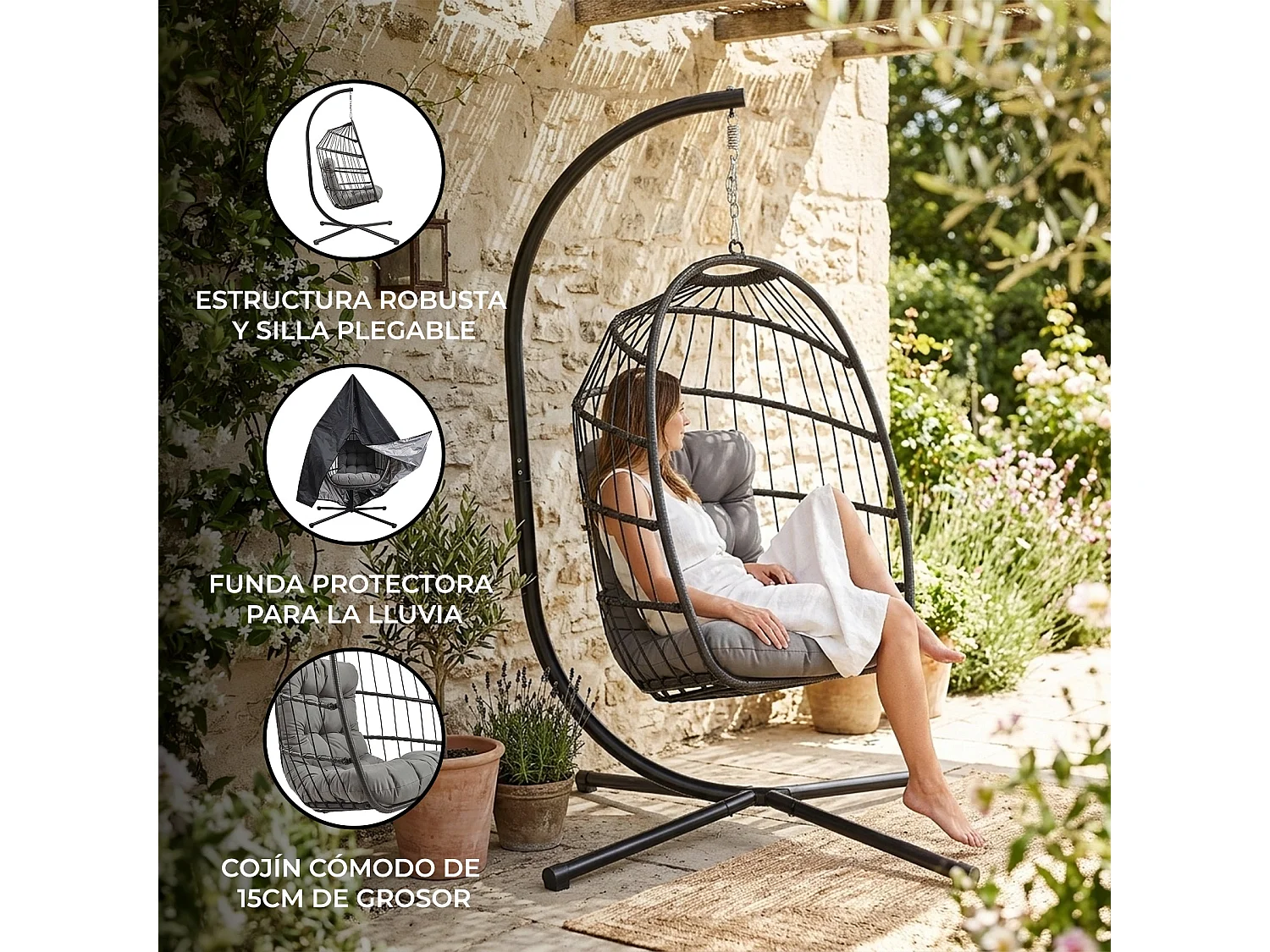 Silla Colgante Tipo Huevo Ratán Negro con Soporte + Cojín Extra Grueso 15cm