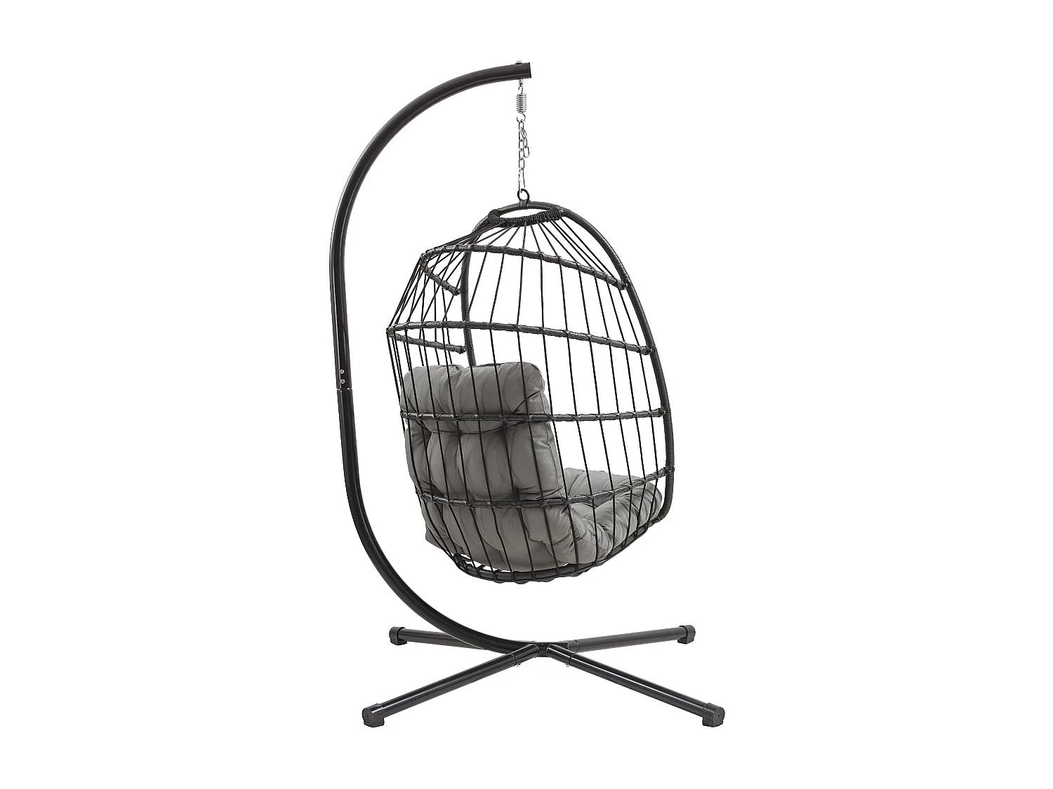 Silla Colgante Tipo Huevo Ratán Negro con Soporte + Cojín Extra Grueso 15cm