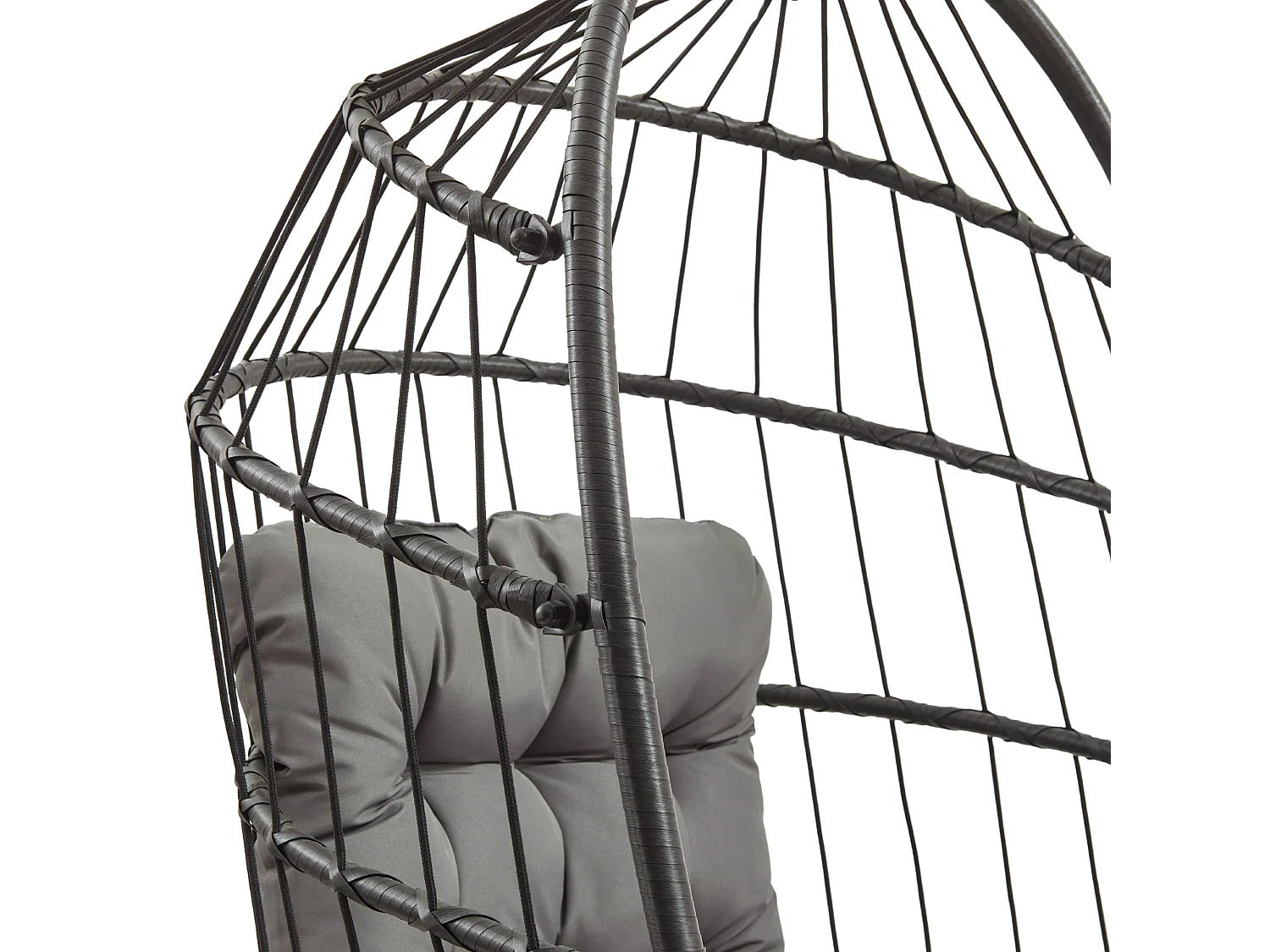 Silla Colgante Tipo Huevo Ratán Negro con Soporte + Cojín Extra Grueso 15cm