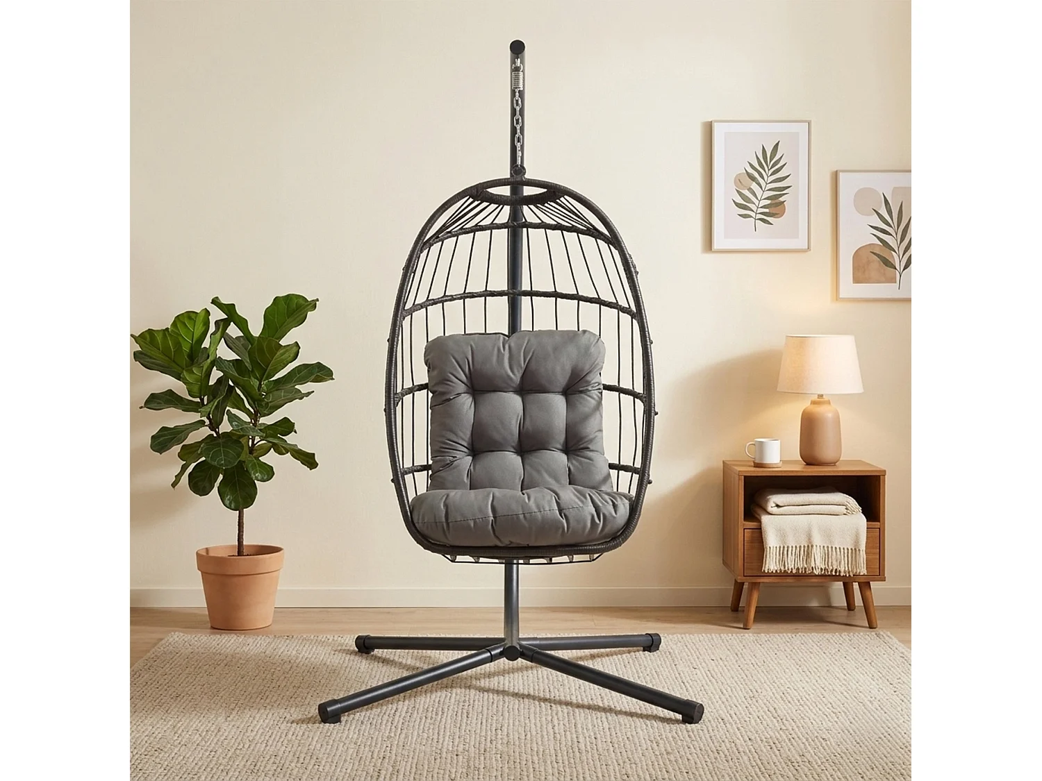 Fauteuil Œuf Suspendu en Rotin Noir Pliante Extérieur Intérieur Housse INCLUS