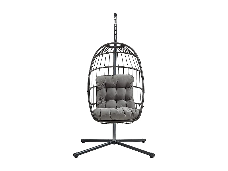 Cadeira Suspensa Tipo Ovo em Rattan Preto, Estrutura Aço, Almofada 15 cm