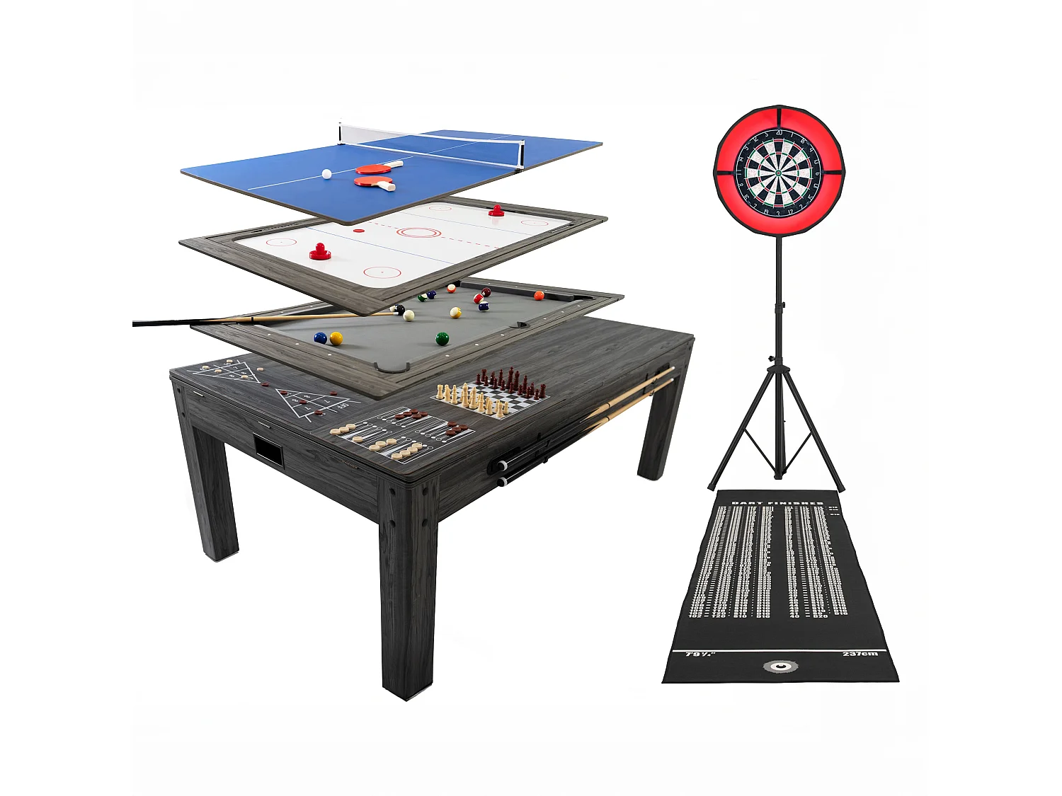 Mesa Multijogos 7 em 1 com Dardos e luz LED Efeito Cinza Bilhar Pingue-Pongue