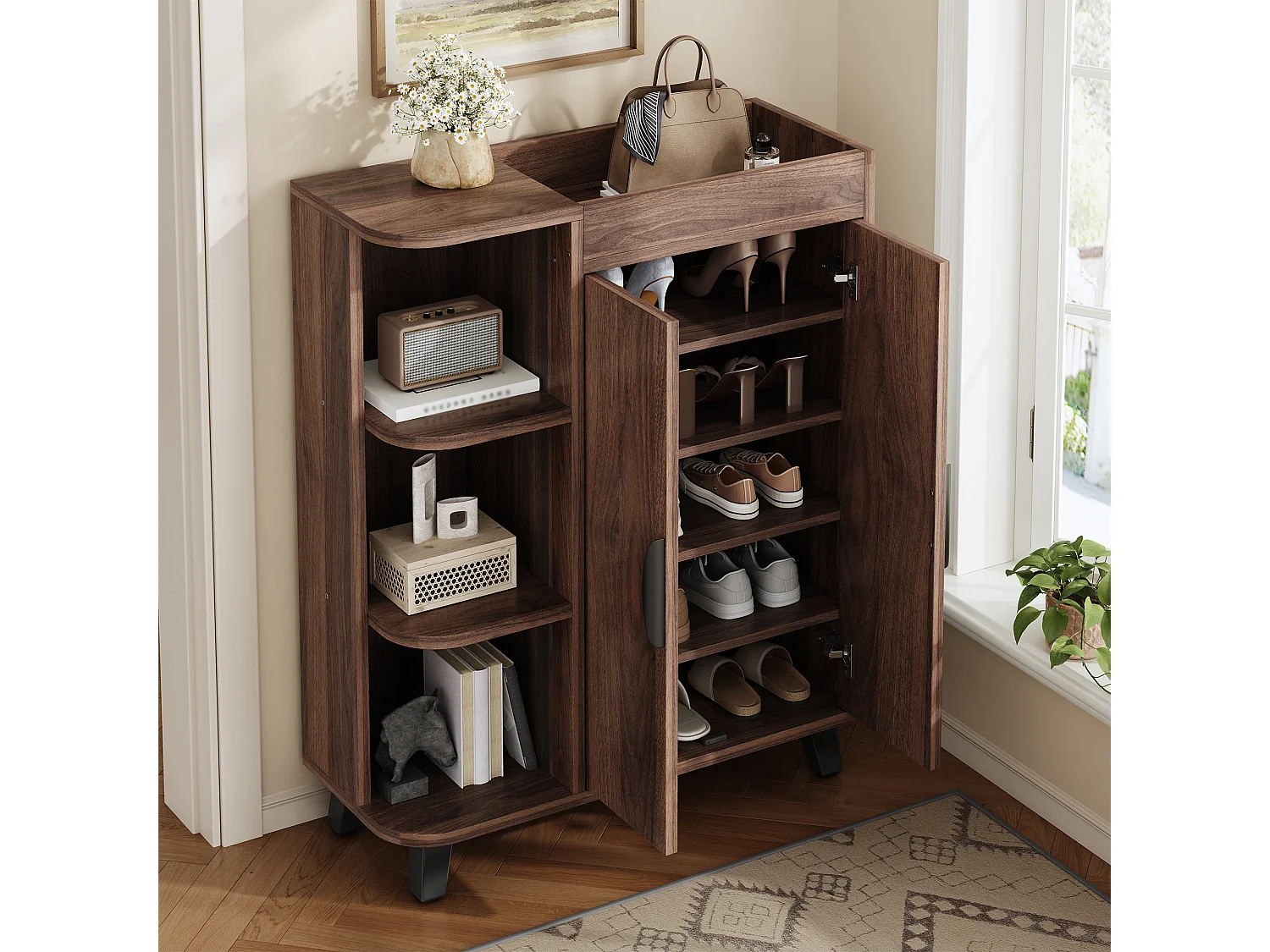 Schuhschrank in Holzoptik für den Eingangsbereich – 80 x 32 x 99 cm – mit 2 Türen und offenen Regalböden – Spanplatte – braun