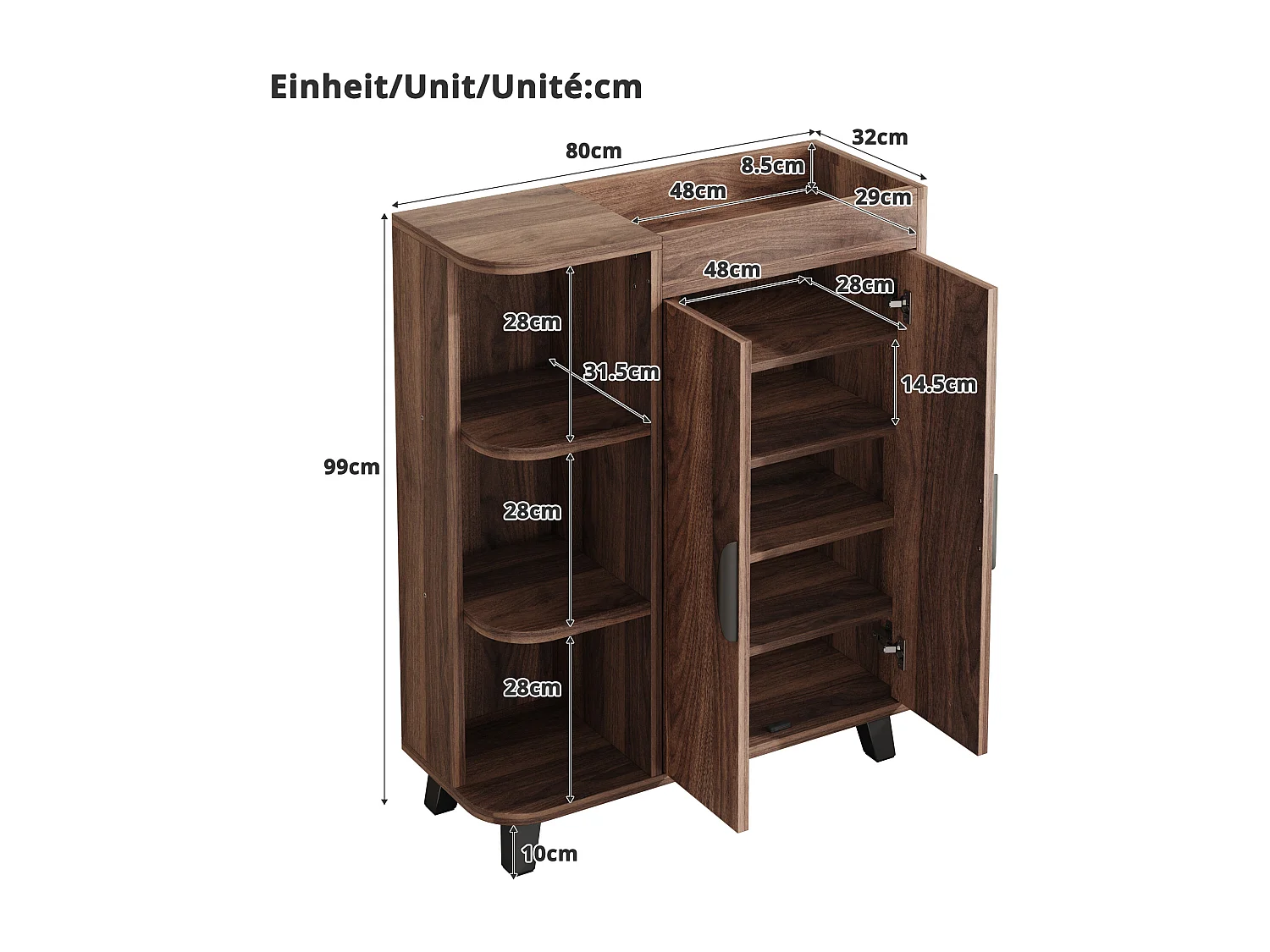 Schuhschrank in Holzoptik für den Eingangsbereich – 80 x 32 x 99 cm – mit 2 Türen und offenen Regalböden – Spanplatte – braun