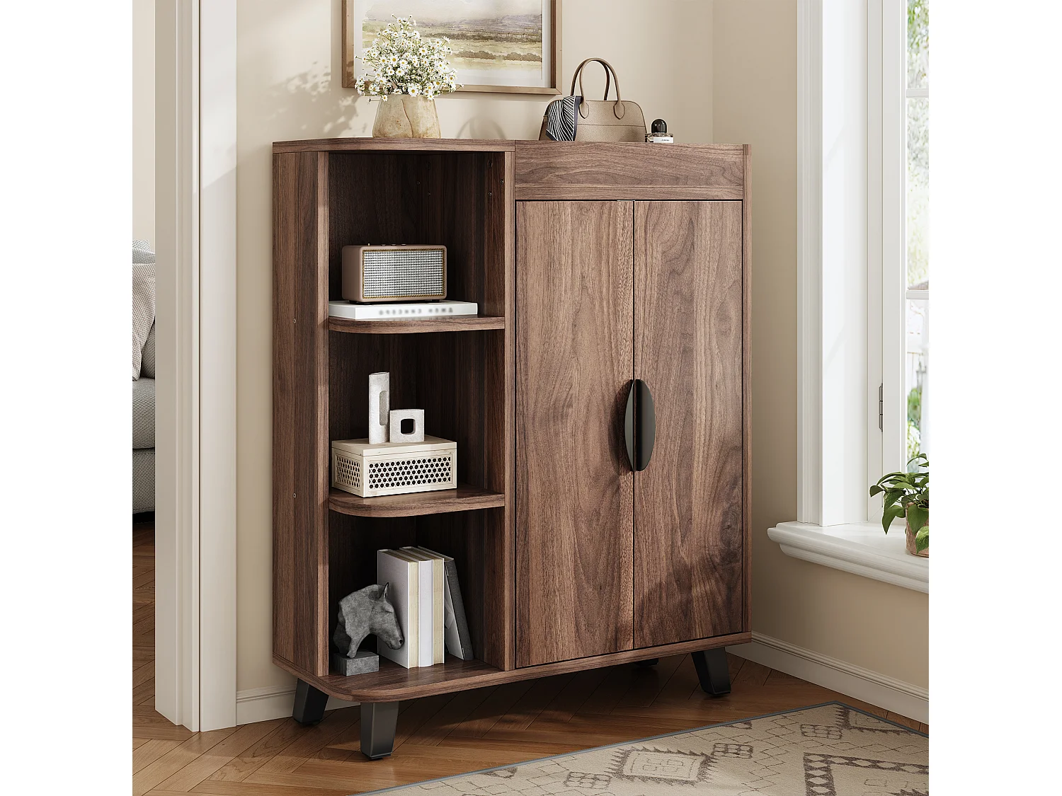 Schuhschrank in Holzoptik für den Eingangsbereich – 80 x 32 x 99 cm – mit 2 Türen und offenen Regalböden – Spanplatte – braun