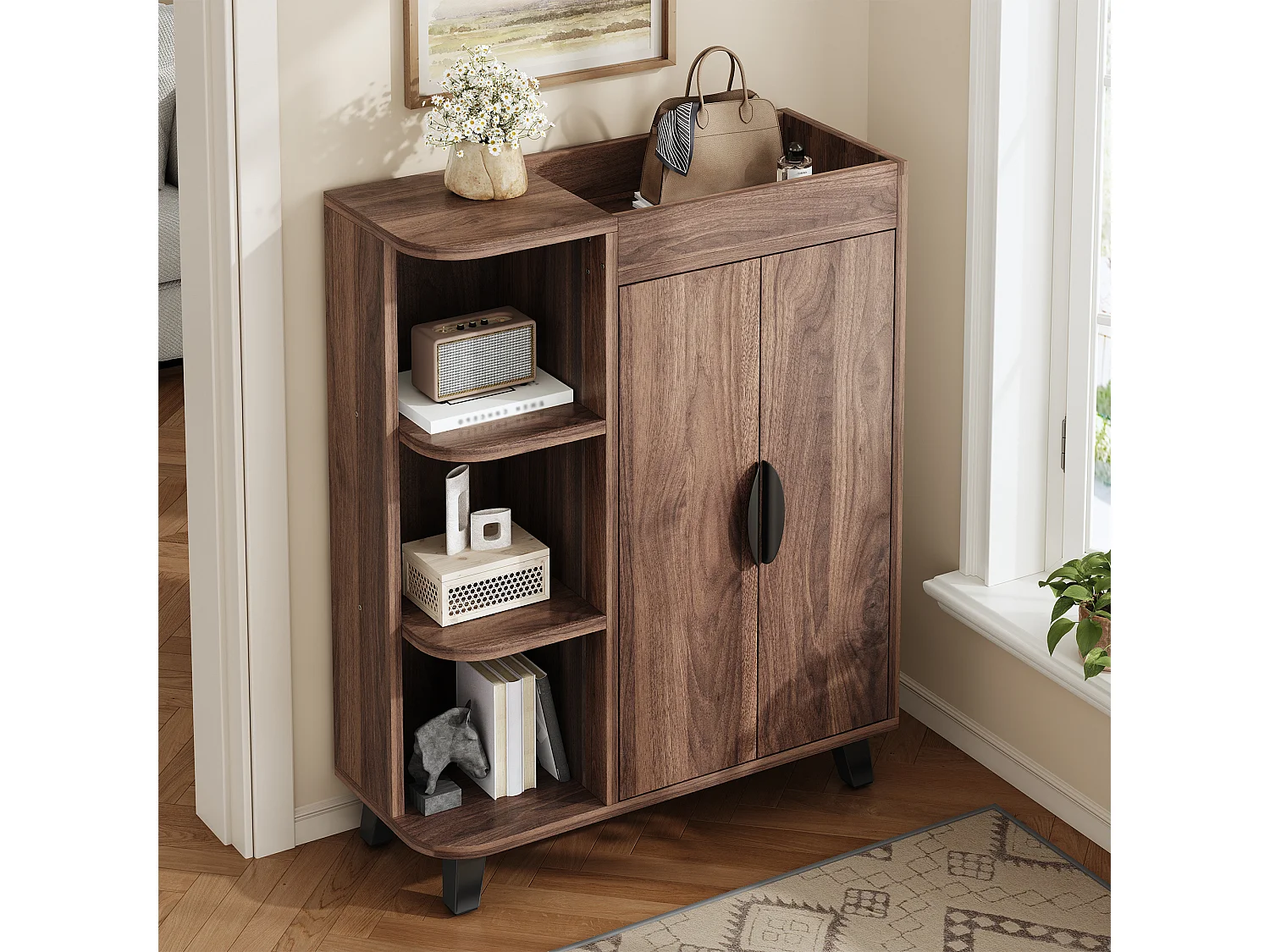 Schuhschrank in Holzoptik für den Eingangsbereich – 80 x 32 x 99 cm – mit 2 Türen und offenen Regalböden – Spanplatte – braun