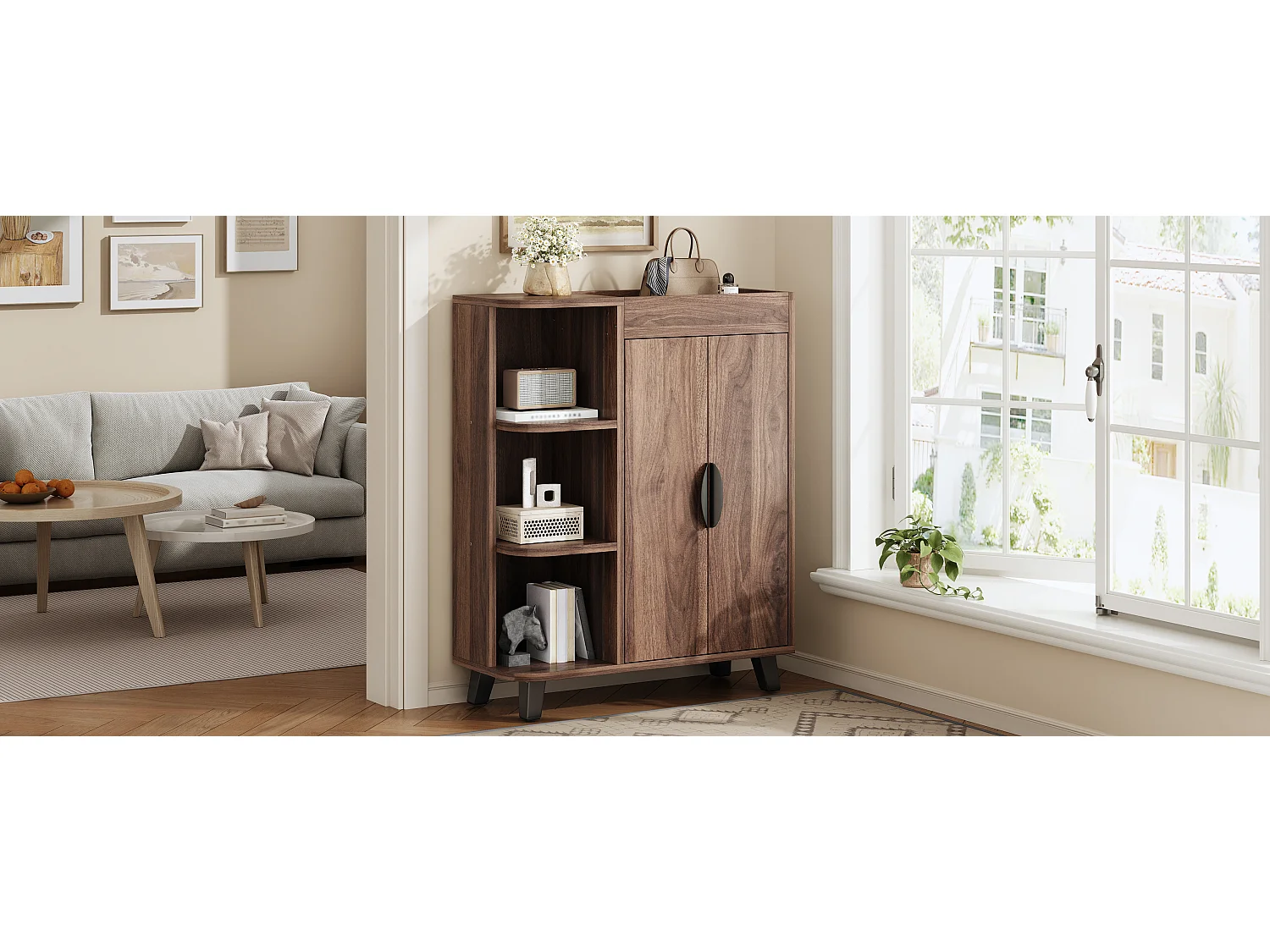 Schuhschrank in Holzoptik für den Eingangsbereich – 80 x 32 x 99 cm – mit 2 Türen und offenen Regalböden – Spanplatte – braun