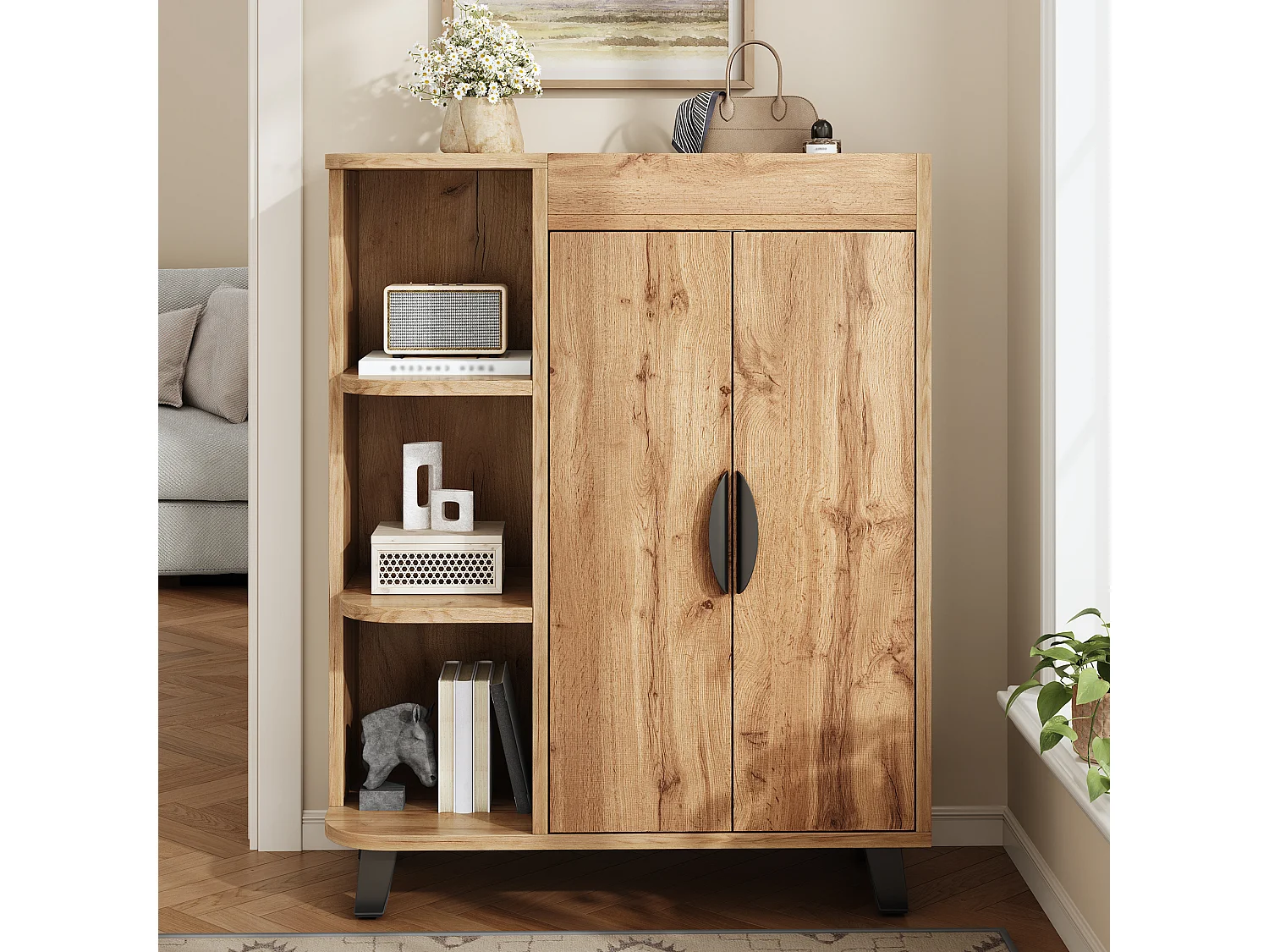 Meuble à chaussures aspect bois pour entrée - 80 x 32 x 99 cm - avec 2 portes + étagères ouverts - aggloméré - naturel