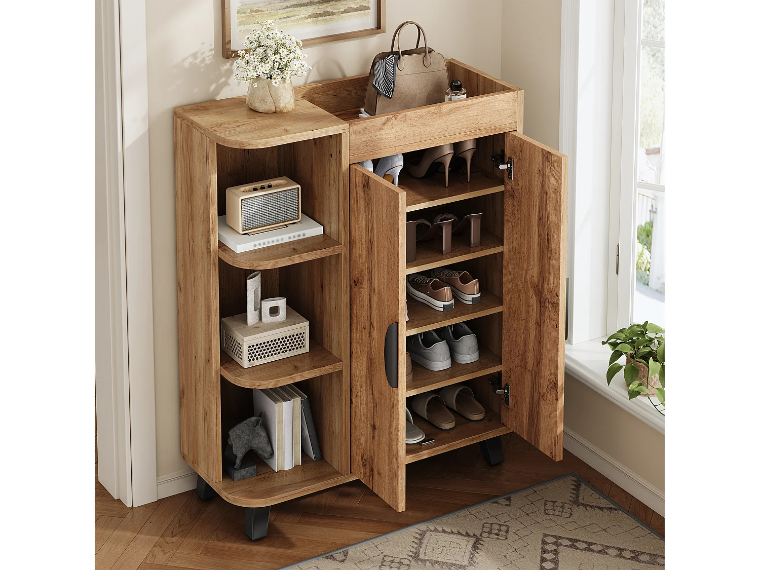 Meuble à chaussures aspect bois pour entrée - 80 x 32 x 99 cm - avec 2 portes + étagères ouverts - aggloméré - naturel