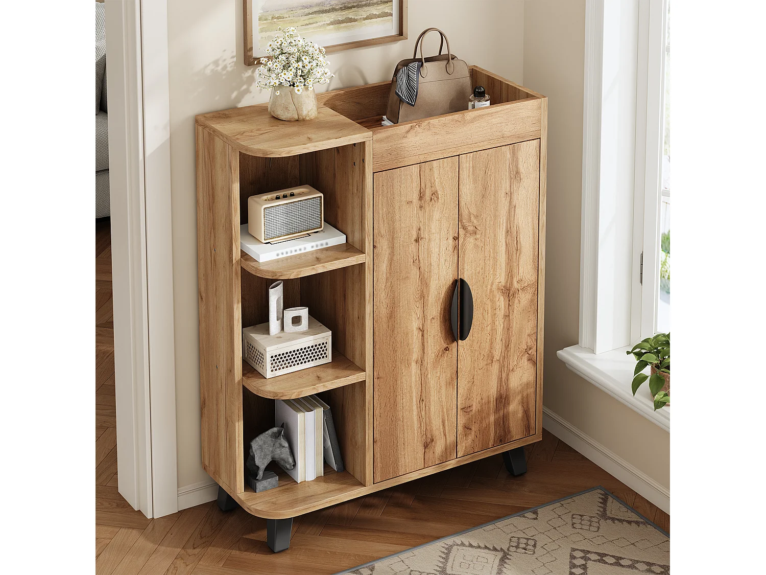 Meuble à chaussures aspect bois pour entrée - 80 x 32 x 99 cm - avec 2 portes + étagères ouverts - aggloméré - naturel