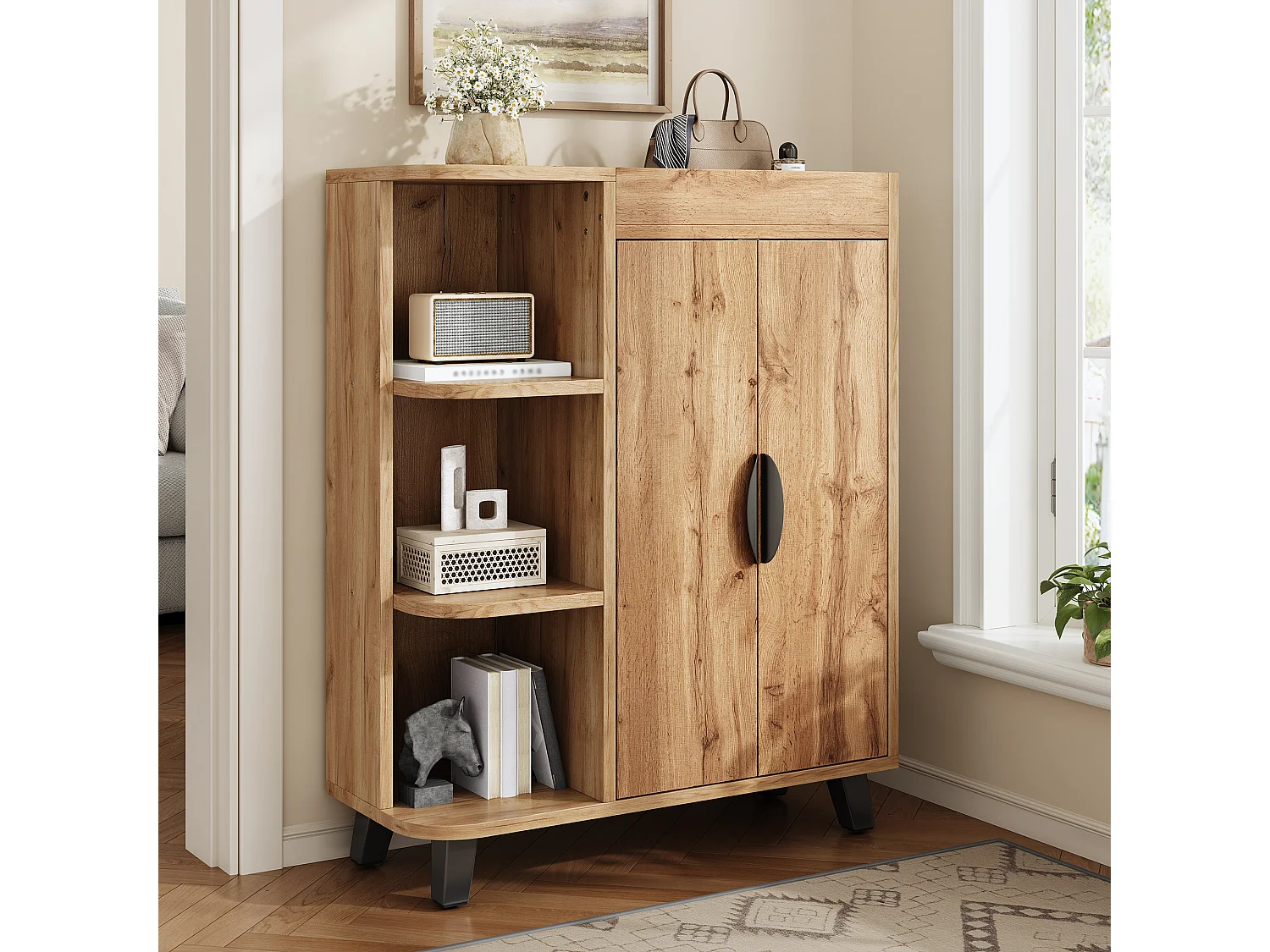 Meuble à chaussures aspect bois pour entrée - 80 x 32 x 99 cm - avec 2 portes + étagères ouverts - aggloméré - naturel