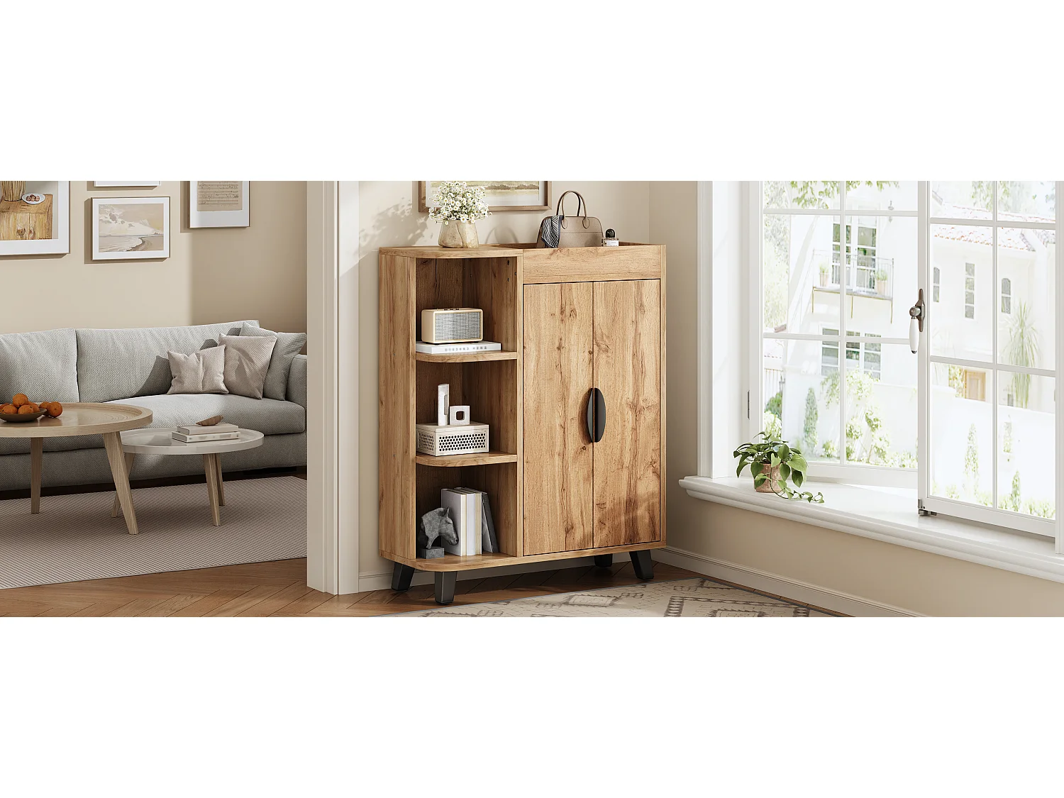 Meuble à chaussures aspect bois pour entrée - 80 x 32 x 99 cm - avec 2 portes + étagères ouverts - aggloméré - naturel