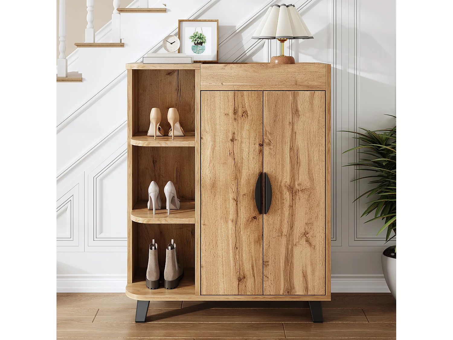 Meuble à chaussures aspect bois pour entrée - 80 x 32 x 99 cm - avec 2 portes + étagères ouverts - aggloméré - naturel