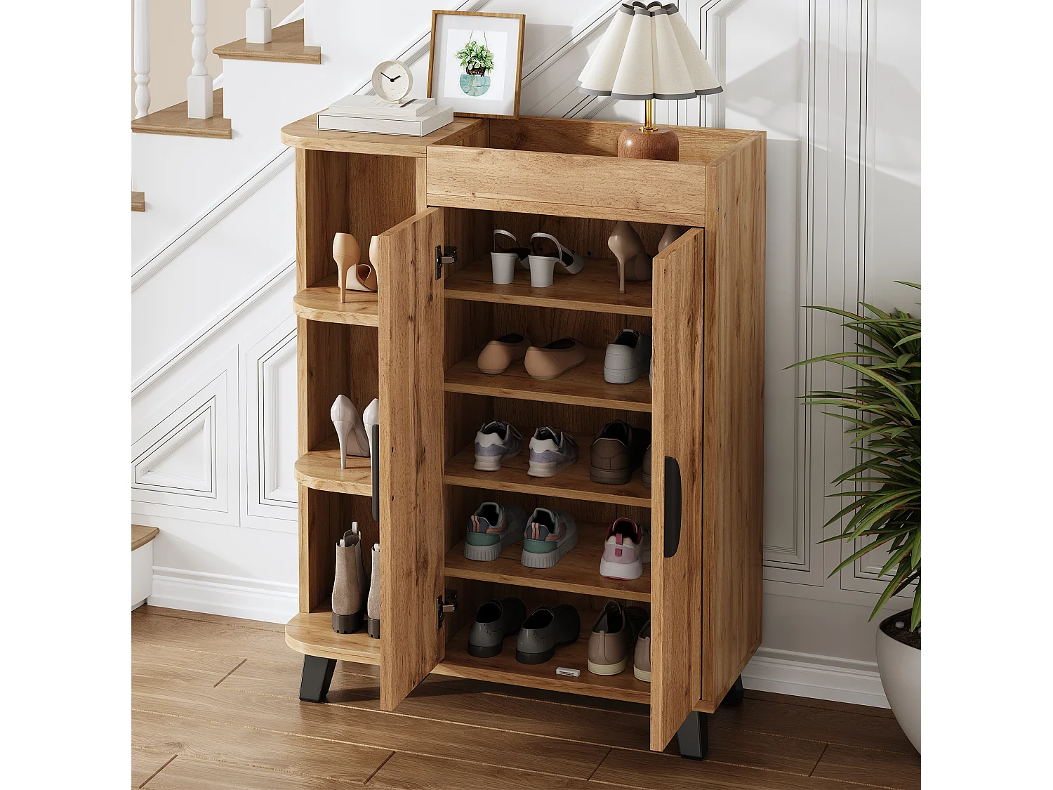 Meuble à chaussures aspect bois pour entrée - 80 x 32 x 99 cm - avec 2 portes + étagères ouverts - aggloméré - naturel