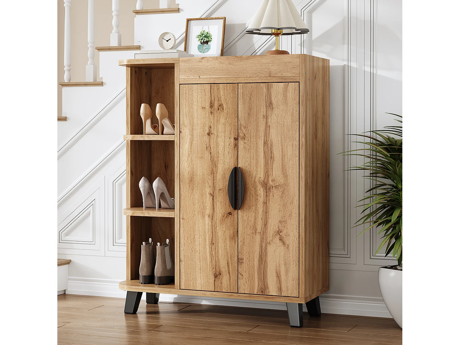 Meuble à chaussures aspect bois pour entrée - 80 x 32 x 99 cm - avec 2 portes + étagères ouverts - aggloméré - naturel