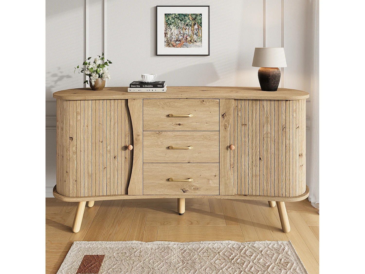 Buffet style scandinave moderne - 150 x 36.5 x 75 cm - avec 2 portes coulissantes + 3 tiroirs - MDF - naturel clair