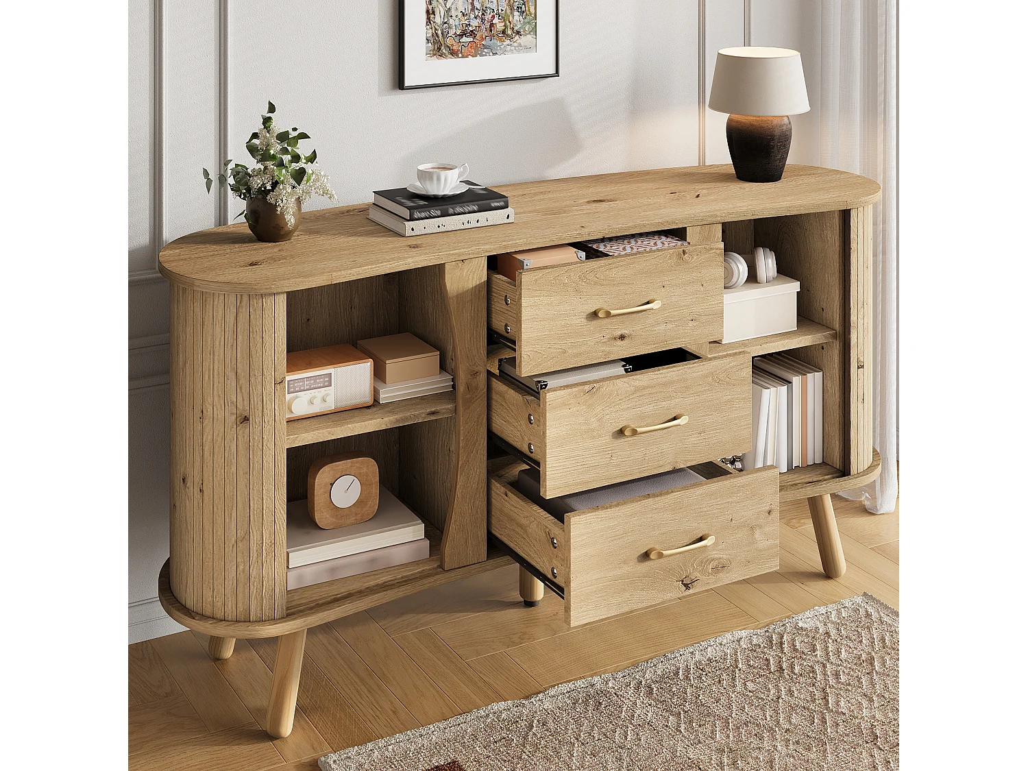 Buffet style scandinave moderne - 150 x 36.5 x 75 cm - avec 2 portes coulissantes + 3 tiroirs - MDF - naturel clair