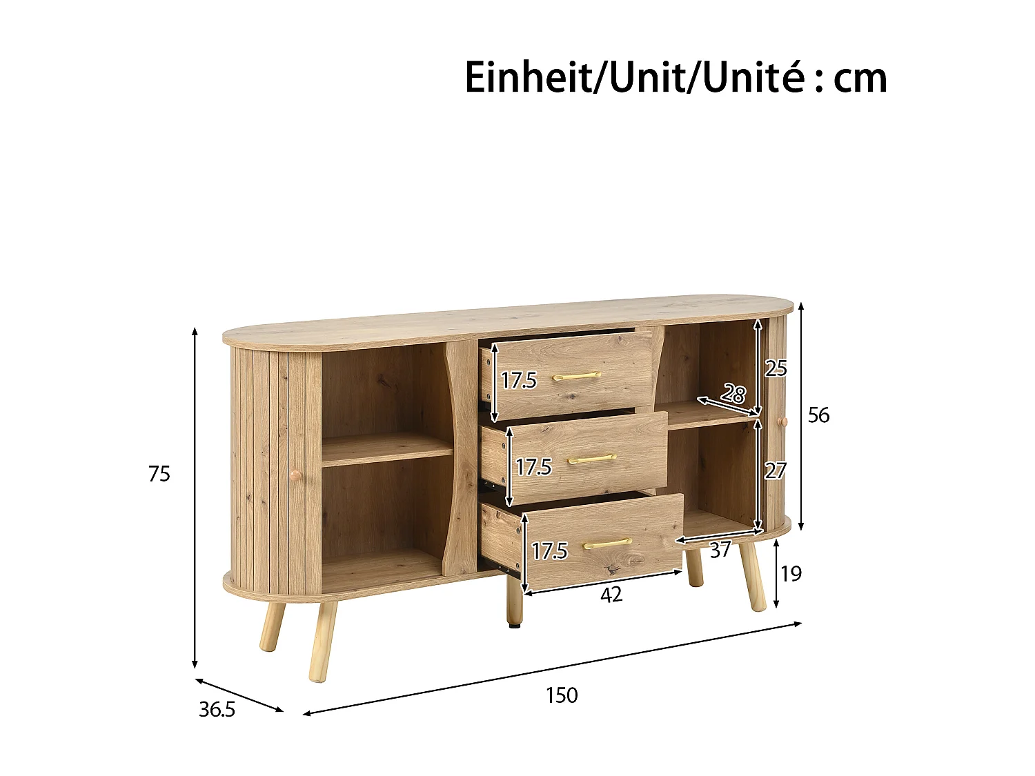 Buffet style scandinave moderne - 150 x 36.5 x 75 cm - avec 2 portes coulissantes + 3 tiroirs - MDF - naturel clair