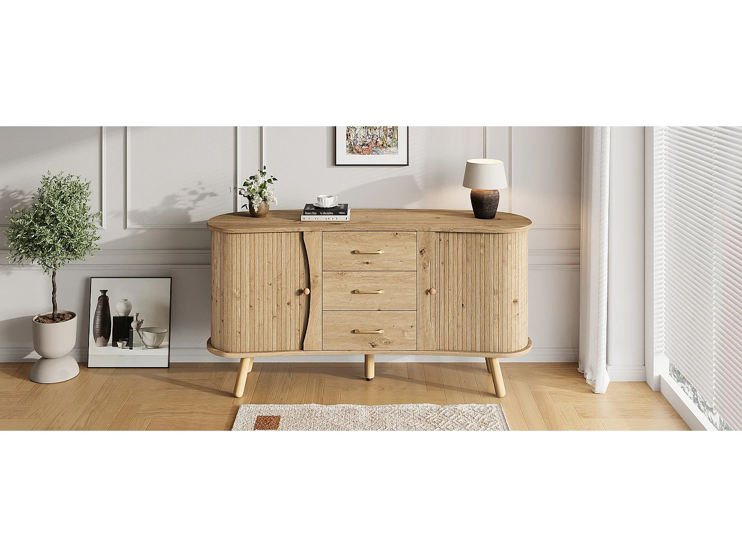 Buffet style scandinave moderne - 150 x 36.5 x 75 cm - avec 2 portes coulissantes + 3 tiroirs - MDF - naturel clair