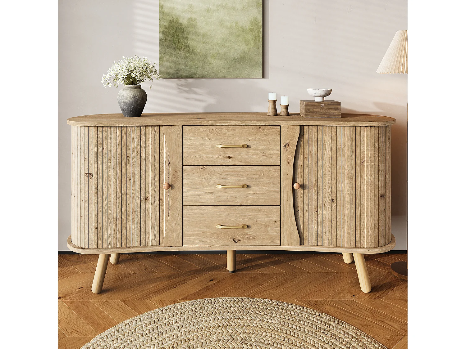 Buffet style scandinave moderne - 150 x 36.5 x 75 cm - avec 2 portes coulissantes + 3 tiroirs - MDF - naturel clair