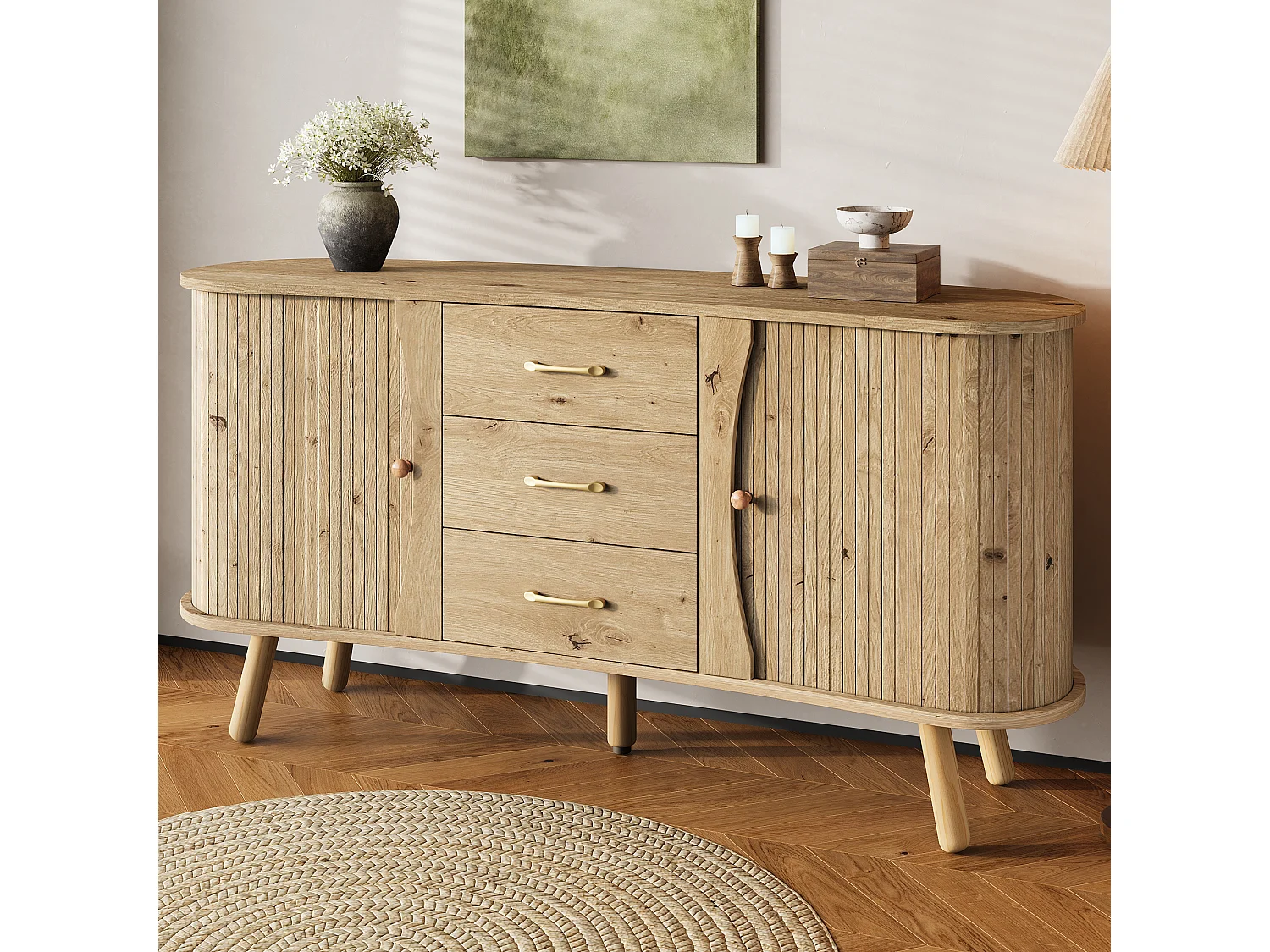 Buffet style scandinave moderne - 150 x 36.5 x 75 cm - avec 2 portes coulissantes + 3 tiroirs - MDF - naturel clair