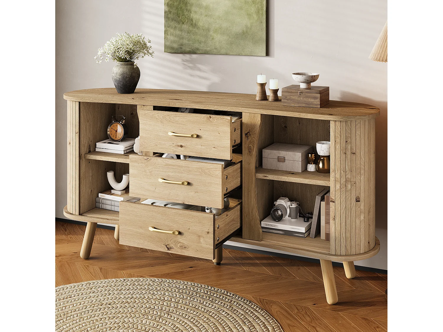 Buffet style scandinave moderne - 150 x 36.5 x 75 cm - avec 2 portes coulissantes + 3 tiroirs - MDF - naturel clair